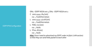 OSPFIPV6Configuration
ON1 - OSPF NSSA ext 1, ON2 - OSPF NSSA ext 2
C 2001:4444::/64 [0/0]
via ::, FastEthernet0/0
L 2001:4444::4/128 [0/0]
via ::, FastEthernet0/0
L FE80::/10 [0/0]
via ::, Null0
L FF00::/8 [0/0]
via ::, Null0
Hint: Since I need to advertised myOSPF under int f0/0 ( LAN section)
so that they can send hello packet to each other
 