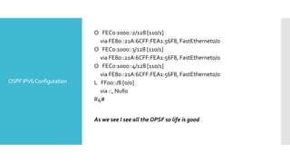 OSPFIPV6Configuration
O FEC0:1000::2/128 [110/1]
via FE80::21A:6CFF:FEA1:56F8, FastEthernet0/0
O FEC0:1000::3/128 [110/1]
via FE80::21A:6CFF:FEA1:56F8, FastEthernet0/0
O FEC0:1000::4/128 [110/1]
via FE80::21A:6CFF:FEA1:56F8, FastEthernet0/0
L FF00::/8 [0/0]
via ::, Null0
R4#
As we see I see all the OPSF so life is good
 