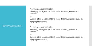 OSPFIPV6Configuration
Type escape sequence to abort.
Sending 5, 100-byte ICMP Echos to FEC0:1000::2, timeout is 2
seconds:
!!!!!
Success rate is 100 percent (5/5), round-trip min/avg/max = 0/0/4 ms
R4#ping FEC0:1000::3
Type escape sequence to abort.
Sending 5, 100-byte ICMP Echos to FEC0:1000::3, timeout is 2
seconds:
!!!!!
Success rate is 100 percent (5/5), round-trip min/avg/max = 0/0/4 ms
R4#ping FEC0:1000::4
 
