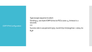 OSPFIPV6Configuration
Type escape sequence to abort.
Sending 5, 100-byte ICMP Echos to FEC0:1000::4, timeout is 2
seconds:
!!!!!
Success rate is 100 percent (5/5), round-trip min/avg/max = 0/0/4 ms
R4#
 