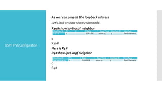 OSPFIPV6Configuration
As we i can ping all the loopback address
Let’s look at some show commands:
R10#show ipv6 ospf neighbor
0
R10#
Here is R4#
R4#show ipv6 ospf neighbor
0
R4#
Neighbor ID Pri State Dead Time Interface ID Interface
4.4.4.4 1 FULL/DR 00:00:34 4 FastEthernet0/
Neighbor ID Pri State Dead Time Interface ID Interface
140.101.170.14 1 FULL/BDR 00:00:31 4 FastEthernet0/
 