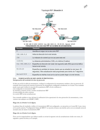 5.3.2    VERIFICACIÓN DE RIP: SHOW IP PROTOCOLS.-
Interpretación del resultado de show ip protocols

Si falta una red de la tabla de enrutamiento, verifique la configuración de enrutamiento mediant e show ip protocols. El
comando show ip protocols muestra el protocolo de enrutamiento configurado actualmente en el router. Este resultado
puede usarse para verificar la mayoría de los parámetros RIP a fin de confirmar si:
está configurado el enrutamiento RIP
las interfaces correctas envían y reciben actualizaciones RIP
el router publica las redes correctas
los vecinos RIP envían actualizaciones

Este comando también es muy útil para la verificación de las operaciones de otros protocolos de enrutamiento, c omo
veremos más adelante con EIGRP y OSPF.

Haga clic en el botón 1 en la figura.

La primera línea de resultados verifica si el enrutamiento RIP está configurado y en ejecución en el router R2. Como vimos
en la sección anterior, "Configuración básica del RIPv1", se necesita al menos una interfaz activa con un comando network
asociado antes de iniciar el enrutamiento RIP.

Haga clic en el botón 2 en la figura.

Éstos son los temporizadores que indican cuándo se enviará la siguiente serie de actualizaciones desde este router, 23
segundos a partir de ahora, en el ejemplo.
 
