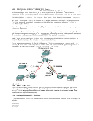 6.1.4     PROTOCOLO DE ENRUTAMIENTO SIN CLASE.-
Los protocolos de enrutamiento sin clase incluyen RIPv2, EIGRP, OSPF, IS-IS y BGP. Estos protocolos de enrutamiento
incluyen la máscara de subred con la dirección de red en sus actualizaciones de enrutamiento. Los protocolos de
enrutamiento sin clase son necesarios cuando la máscara no puede suponerse ni determinarse con el valor del primer octeto.

Por ejemplo, las redes 172.16.0.0/16, 172.17.0.0/16, 172.18.0.0/16 y 172.19.0.0/16 pueden resumirse como 172.16.0.0/14.

Si R2 envía la ruta resumida 172.16.0.0 sin la máscara de /14, R3 sólo sabe aplicar la máscara con c lase predeterminada de
/16. En un escenario de protocolos de enrutamiento con clase, R3 no tiene conocimiento de las redes 172.17.0.0/16,
172.18.0.0/16 y 172.19.0.0/16.

Nota: Con un protocolo de enrutamiento con clase, R2 puede enviar estas redes individ uales sin resumen, pero se pierden
los beneficios del resumen.

Los protocolos de enrutamiento con clase no pueden enviar rutas de superred porque el router de recepción aplicará la ruta
con clase predeterminada a la dirección de red en la actualización de enrutamiento. Si nuestra topología tuviera un protocolo
de enrutamiento con clase, entonces R3 sólo instalaría 172.16.0.0/16 en la tabla de enrutamiento.

Nota: Cuando una ruta de superred se encuentra en una tabla de enrutamiento, por ejemplo, como una ruta estática, un
protocolo de enrutamiento con clase no incluirá esa ruta en sus actualizaciones.

Con un protocolo de enrutamiento sin clase, R2 publicará la red 172.16.0.0 conjuntamente con la máscara de /14 a R3.
Entonces, R3 podrá instalar la ruta de superred 172.16.0.0/14 en su tabla de enrutamiento, lo que le dará la posibilidad de
conexión con las redes 172.16.0.0/16, 172.17.0.0/16, 172.18.0.0/16 y 172.19.0.0/16.




6.2 VLSM.-
6.2.1     VLSM EN ACCION.-
En un curso anterior, usted aprendió cómo una Máscara de sub red de longitud variable (VLSM) permite usar distintas
máscaras para cada subred. Después de que una dirección de red se divide en subredes, esas subredes también se pueden
dividir en subredes. Como seguramente recuerda, VLSM simplemente subdivide una subred. La VLSM puede
imaginarse como la división en subredes.

Haga clic en Reproducir para ver la animación.

La figura muestra la red 10.0.0.0/8 que se ha dividido en subredes usando la máscara de subred de /16, lo que produce 256
subredes.

10.0.0.0/16
10.1.0.0/16
10.2.0.0/16
.
.
.
 