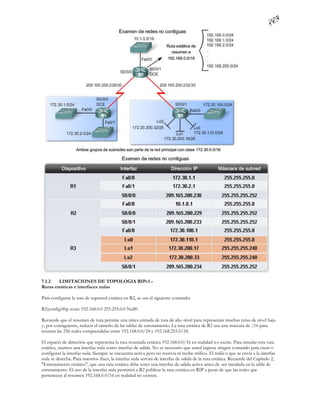 7.1.2   LIMITACIONES DE TOPOLOGIA RIPv1.-
Rutas estáticas e interfaces nulas

Para configurar la ruta de superred estática en R2, se usa el siguiente comando:

R2(config)#ip route 192.168.0.0 255.255.0.0 Null0

Recuerde que el resumen de ruta permite una única entrada de ruta de alto nivel para representar muchas rutas de nivel bajo
y, por consiguiente, reducir el tamaño de las tablas de enrutamiento. La ruta estática de R2 usa una máscara de /16 para
resumir las 256 redes comprendidas entre 192.168.0.0/24 y 192.168.255.0/24.

El espacio de dirección que representa la ruta resumida estática 192.168.0.0/16 en realidad n o existe. Para simular esta ruta
estática, usamos una interfaz nula como interfaz de salida. No es necesario que usted ingrese ningún comando para crear o
configurar la interfaz nula. Siempre se encuentra activa pero no reenvía ni recibe tráfico. El tráfic o que se envía a la interfaz
nula se desecha. Para nuestros fines, la interfaz nula servirá de interfaz de salida de la ruta estática. Recuerde del Capítulo 2,
"Enrutamiento estático", que una ruta estática debe tener una interfaz de salida activa antes de ser instalada en la tabla de
enrutamiento. El uso de la interfaz nula permitirá a R2 publicar la ruta estática en RIP a pesar de que las redes que
pertenecen al resumen 192.168.0.0/16 en realidad no existen.
 