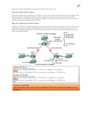 ¿Qué ocurre con R1 y R3? ¿Reciben mutuamente la subred 172.30.0.0 de la otra?

Haga clic en Rutas de R1 en la figura.

Aquí vemos que R1 tiene sus propias rutas 172.30.0.0: 172.30.2.0/24 y 172.30.1.0/24. Pero R1 no envía esas subredes a R2.
R3 tiene una tabla de enrutamiento similar. Tanto R1 como R3 son routers de borde y sólo envían la red 172.30.0.0
resumida a R2 en sus actualizaciones de enrutamiento de RIPv1. Por ende, R2 sólo conoce la red con clase 172.30.0.0/16 y
no tiene conocimiento de ninguna subred 172.30.0.0.

Haga clic en Depuración 2 de R2 en la figura.

Observe en el resultado de debug ip rip de R2 que no incluye la red 172 .30.0.0 en sus actualizaciones a R1 ni a R3. ¿Por qué
no? Porque tiene vigencia la regla de horizonte dividido. R2 ha detectado a 172.30.0.0/16 en las interfaces Serial 0/0/0 y
Serial 0/0/1. Debido a que R2 detectó a 172.30.0.0 en estas interfaces, no incl uye esa red en las actualizaciones que envía
desde estas mismas interfaces.
 