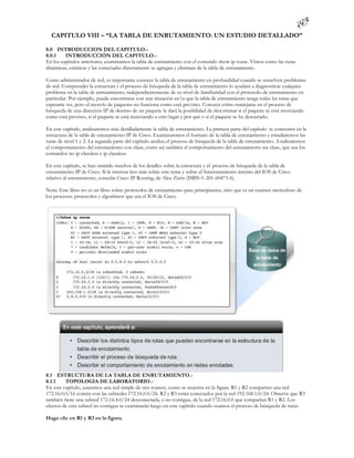 CAPITULO VIII – “LA TABLA DE ENRUTAMIENTO: UN ESTUDIO DETALLADO”

8.0 INTRODUCCION DEL CAPITULO.-
8.0.1    INTRODUCCIÓN DEL CAPITULO.-
En los capítulos anteriores, examinamos la tabla de enrutamiento con el comando show ip route. Vimos cómo las rutas
dinámicas, estáticas y las conectadas directamente se agregan y eliminan de la tabla de enrutamiento.

Como administrador de red, es importante conocer la tabla de enrutamiento en profundidad cuando se resuelven problemas
de red. Comprender la estructura y el proceso de búsqueda de la tabla de enrutamiento lo ayudará a diagnosticar cualquier
problema en la tabla de enrutamiento, independientemente de su nivel de familiaridad con el protocolo de enrutamiento en
particular. Por ejemplo, puede encontrarse con una situación en l a que la tabla de enrutamiento tenga todas las rutas que
esperaría ver, pero el reenvío de paquetes no funciona como está previsto. Conocer cómo manejarse en el proceso de
búsqueda de una dirección IP de destino de un paquete le dará la posibilidad de dete rminar si el paquete se está reenviando
como está previsto, si el paquete se está reenviando a otro lugar y por qué o si el paquete se ha descartado.

En este capítulo, analizaremos más detalladamente la tabla de enrutamiento. La primera parte del capítulo se concentra en la
estructura de la tabla de enrutamiento IP de Cisco. Examinaremos el formato de la tabla de enrutamiento y estudiaremos las
rutas de nivel 1 y 2. La segunda parte del capítulo analiza el proceso de búsqueda de la tabla de enrutamiento. A nalizaremos
el comportamiento del enrutamiento con clase, como así también el comportamiento del enrutamiento sin clase, que usa los
comandos no ip classless e ip classless.

En este capítulo, se han omitido muchos de los detalles sobre la estructura y el proceso de búsqueda de la tabla de
enrutamiento IP de Cisco. Si le interesa leer más sobre este tema y sobre el funcionamiento interno del IOS de Cisco
relativo al enrutamiento, consulte Cisco IP Routing, de Alex Zinin (ISBN 0 -201-60473-6).

Nota: Este libro no es un libro sobre protocolos de enrutamiento para principiantes, sino que es un examen meticuloso de
los procesos, protocolos y algoritmos que usa el IOS de Cisco.




8.1 ESTRUCTURA DE LA TABLA DE ENRUTAMIENTO.-
8.1.1    TOPOLOGIA DE LABORATORIO.-
En este capítulo, usaremos una red simple de tres routers, como se muestra en la figura. R1 y R2 comparten una red
172.16.0.0/16 común con las subredes 172.16.0.0/24. R2 y R3 están conectados por la red 192.168.1.0/24. Observe que R3
también tiene una subred 172.16.4.0/24 desconectada, o no contigua, de la red 172.16.0.0 que comparten R1 y R2. Los
efectos de esta subred no contigua se examinarán luego en este capítulo cuando veamos el proceso de búsqueda de rutas.

Haga clic en R1 y R3 en la figura.
 