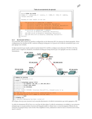 8.1.3    RUTAS DE NIVEL 1.-
Los routers R1 y R3 ya tienen sus interfaces configuradas con las direcciones IP y las máscaras de subred apropiadas. Ahora
configuraremos las interfaces de R2 y usaremos debug ip routing para ver el proceso de la tabla de enrutamiento que se usa
para agregar estas entradas.

La figura muestra lo que sucede cuando la interfaz Serial 0/0/1 de R2 se configura con la dirección 192.168.1.1/24. Tan
pronto como se ingresa no shutdown, el resultado de debug ip routing muestra que se ha agregado esta ruta a la tabla de
enrutamiento.




En la figura, show ip route muestra la red conectada directamente a la tabla de enrutamiento que recién agregamos a R2.

La tabla de enrutamiento IP de Cisco no es una base de datos plana. La tabla de enrutamiento, en realidad, es una estructura
jerárquica que se usa para acelerar el proceso de búsqueda cuando se ubican rutas y se reenvían paquetes. Dentro de esta
estructura, la jerarquía incluye varios niveles. Para simplificar el tema, analizaremos todas las rutas en función de dos niveles:
nivel 1 o nivel 2.
 