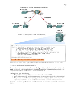 Aprendamos sobre las rutas de nivel 1 y de nivel 2 revisando la entrada de la tabla de enrutamiento con mayor detalle.

C 192.168.1.0/24 está conectada directamente, Serial0/0/1

Una ruta de nivel 1 es una ruta con una máscara de subred igual o inferior a la máscara con clase de la dirección
de red. 192.168.1.0/24 es una ruta de red de nivel 1 porque la máscara de subred es igual a la máscara con clase de la red.
/24 es la máscara con clase de las redes de clase C, tal como la red 192.168.1.0.

Una ruta de nivel 1 puede funcionar como:
     Ruta por defecto: una ruta por defecto es una ruta estática con la dirección 0.0.0.0/0.
     Ruta de superred: una ruta de superred es una dirección de red con una máscara menor que la máscara con clase.
     Ruta de red: una ruta de red es una ruta que tiene una máscara de subred igual a la de la máscara con clase. Una
         ruta de red también puede ser una ruta principal. Las rutas principales se analizarán en la siguiente sección.

El origen de la ruta de nivel 1 puede ser una red conectada directamente, una ruta estática o un protocolo de enrutamiento
dinámico.
 