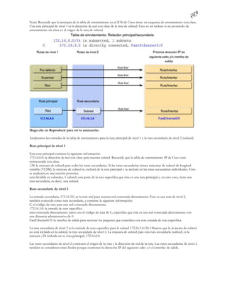 Nota: Recuerde que la jerarquía de la tabla de enrutamiento en el IOS de Cisco tiene un esquema de enrutamiento con clase.
Una ruta principal de nivel 1 es la dirección de red con clase de la ruta de subred. Esto es así incluso si un protocolo de
enrutamiento sin clase es el origen de la ruta de subred.




Haga clic en Reproducir para ver la animación.

Analicemos las entradas de la tabla de enrutamiento para la ruta principal de nivel 1 y la ruta secundaria de nivel 2 (subred)

Ruta principal de nivel 1

Esta ruta principal contiene la siguiente información:
172.16.0.0: la dirección de red con clase para nuestra subred. Recuerde que la tabla de enrutamiento IP de Cisco está
estructurada con clase.
/24: la máscara de subred para todas las rutas secundarias. Si las rutas secundarias tienen máscaras de subred de longitud
variable (VLSM), la máscara de subred se excluirá de la ruta principal y se incluirá en las rutas secundarias individuales. Esto
se analizará en una sección posterior.
está dividida en subredes, 1 subred: esta parte de la ruta especifica que ésta es una ruta principal y, en este caso, tiene una
ruta secundaria, es decir, una subred.

Ruta secundaria de nivel 2

La entrada secundaria, 172.16.3.0, es la ruta real para nuestra red conectada directamente. Ésta es una ruta de nivel 2,
también conocida como ruta secundaria, y contiene la siguiente información:
C: el código de ruta para una red conectada directamente.
172.16.3.0: la entrada de ruta específica.
está conectada directamente: junto con el código de ruta de C, especifica que ésta es una red conectada directamente con
una distancia administrativa de 0.
FastEthernet0/0: la interfaz de salida para reenviar los paquetes que coinciden con esta entrada de ruta específica.

La ruta secundaria de nivel 2 es la entrada de ruta específica para la subred 172,16.3.0/24. Observe que la m áscara de subred
no está incluida en la subred, la ruta secundaria de nivel 2. La máscara de subred para esta ruta secundaria (subred) es la
máscara /24 incluida en su ruta principal, 172.16.0.0.

Las rutas secundarias de nivel 2 contienen el origen de la ruta y la dirección de red de la ruta. Las rutas secundarias de nivel 2
también se consideran rutas finales porque contienen la dirección IP del siguiente salto y/o la interfaz de salida.
 