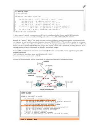 Introducción de la ruta resumida Null0

La figura muestra la tabla de enrutamiento para R2 con dos entradas resaltadas. Observe que EIGRP ha incluido
automáticamente una ruta resumida hacia Null0 para las redes con clase 192.168.10.0/24 y 172.16.0.0/16.

Recuerde del Capítulo 7, "RIPv2", que Null0 no es una interfaz real. Observe que las rutas resumidas se originan en Null0,
esto es porque las rutas se utilizan para notificaciones. Las rutas 192.168.10.0/24 y 172.16.0.0/16 en realidad no representan
ninguna ruta con la que se puedan alcanzar las redes primarias. Si un paquete no coincide con una de las rutas secundarias de
nivel 2, se lo envía a la interfaz Null0. En otras palabras, si el paquete coincide con la primaria de nivel 1 (la dirección de red
con clase) pero no lo hace con ninguna de las subredes, se desecha el paquete.

Nota: EIGRP automáticamente incluye una ruta resumida Null0 como ruta secundaria cuando se produce alguna de las
siguientes condiciones:
Por lo menos existe una subred que se aprendió a través de EIGRP.
El resumen automático se encuentra habilitado.

Veremos que la ruta resumida null0 se retira cuando no se encuentra habilitado el resumen automático.
 