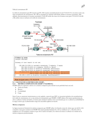 Tabla de enrutamiento R3

La tabla de enrutamiento para R3 muestra que R1 y R2 resumen automáticamente la red 172.16.0.0/16 y la envía n como una
única actualización de enrutamiento. R1 y R2 no propagan las subredes individuales debido al resumen automático. Más
adelante, desconectaremos el resumen automático. Como R3 recibe dos rutas con el mismo costo para 172.16.0.0/16 de R1
y R2, ambas rutas se incluyen en la tabla de enrutamiento.




9.3 CALCULO DE LA METRICA DEL EIGRP.-
9.3.1  METRICA COMPUESTA DE EIGRP Y VALORES K.-
EIGRP utiliza los siguientes valores en su métrica compuesta para calcular la ruta preferida hacia una red:
      Ancho de banda
      Retraso
      Confiabilidad
      Carga

Nota: Como se mencionó anteriormente en este capítulo, a pesar de que MTU se encuentra incluida en las actualizaciones
de la tabla de enrutamiento, no es una métrica de enrutamiento que EIGRP o IGRP utilicen. De manera predetermina da,
sólo se utilizan el ancho de banda y el retraso para calcular la métrica. Cisco recomienda que no se utilicen la confiabilidad ni
la carga a menos que el administrador tenga una necesidad explícita de hacerlo.

Métrica compuesta

La figura muestra la fórmula de la métrica compuesta que EIGRP utiliza. La fórmula consta de valores que van de K1 a K5,
conocidos como pesos métricos de EIGRP. De manera predeterminada, K1 y K3 se establecen en 1, y K2, K4 y K5 se
establecen en 0. El resultado consiste en que sólo el ancho de banda y los valores de retraso se utilizan en el cálculo de la
métrica compuesta predeterminada.
 