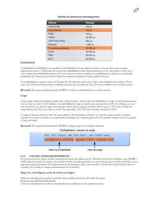 Confiabilidad

Confiabilidad (confiabilidad) es la medida de probabilidad en la que fallará el enlace o con qué frecuencia el enlace
experimenta errores. A diferencia del retraso, la confiabilidad se mide diná micamente con un valor entre 0 y 255, con 1
como enlace de confiabilidad mínima y 255 como cien por ciento confiable. La confiabilidad se calcula en un promedio
ponderado de 5 minutos para evitar el repentino impacto de grandes (o bajos) índices de error.

La confiabilidad se expresa como una fracción de 255; mientras mayor sea el valor, más confiable será el enlace. Por lo
tanto, 255/255 sería 100 por ciento confiable, mientras que un enlace de 234/255 sería confiable en un 91,8 por ciento.

Recuerde: De manera predeterminada, EIGRP no utiliza la confiabilidad en su cálculo métrico.

Carga

Carga (carga) refleja la cantidad de tráfico que utiliza el enlace. Al igual que la confiabilidad, la carga se mide dinámicamente
con un valor de entre 0 y 255. Similar a la confiabilidad, la carga se expresa con una fracción de 255. Sin embargo, en este
caso se prefiere un valor de carga menor porque indica menos carga en el enlace. Por lo tanto, 1/255 sería un enlace de
carga mínima. 40/255 es un enlace con 16% de capacidad y 255/255 sería un enlace saturado al 100%.

La carga se muestra como un valor de carga saliente o de transmisión (txload) y un valor de carga entrante o receptor
(rxload). Este valor se calcula con un promedio ponderado de 5 minutos para evitar el r epentino impacto de un uso grande
(o bajo) del canal.

Recuerde: De manera predeterminada, EIGRP no utiliza carga en sus cálculos métricos.




9.3.3    USO DEL COMANDO BANDWITH.-
En la mayoría de los enlaces seriales, la métrica del ancho de banda será de 1544 Kbit s por defecto. Debido a que EIGRP y
OSPF utilizan el ancho de banda en los cálculos métricos predeterminados, un valor correcto para el ancho de banda es muy
importante para la precisión de la información de enrutamiento. Pero, ¿qué sucede si el ancho de b anda real del enlace no
coincide con el ancho de banda predeterminado de la interfaz?

Haga clic en Configurar ancho de banda en la figura.

Utilice el comando de la interfaz bandwidth para modificar la métrica del ancho de banda:
Router(config-if)#bandwidth kilobits
Utilice el comando de la interfaz no bandwidth para restablecer el valor predeterminado.
 