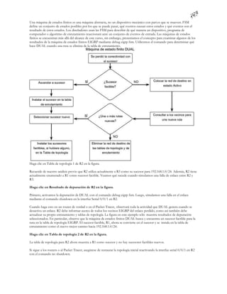 Una máquina de estados finitos es una máquina abstracta, no un dispositivo mecánico con part es que se mueven. FSM
define un conjunto de estados posibles por los que se puede pasar, qué eventos causan estos estados y qué eventos son el
resultado de estos estados. Los diseñadores usan las FSM para describir de qué manera un dispositivo, programa de
computador o algoritmo de enrutamiento reaccionará ante un conjunto de eventos de entrada. Las máquinas de estados
finitos se encuentran más allá del alcance de este curso, sin embargo, presentamos el concepto para examinar algunos de los
resultados de la máquina de estados finitos EIGRP mediante debug eigrp fsm. Utilicemos el comando para determinar qué
hace DUAL cuando una ruta se elimina de la tabla de enrutamiento.




Haga clic en Tabla de topología 1 de R2 en la figura.

Recuerde de nuestro análisis previo que R2 utiliza actualmente a R3 como su sucesor para 192.168.1.0/24. Además, R2 tiene
actualmente enumerado a R1 como sucesor factible. Veamos qué sucede cuando simulamos una falla de enlace entre R2 y
R3.

Haga clic en Resultado de depuración de R2 en la figura.

Primero, activamos la depuración de DUAL con el comando debug eigrp fsm. Luego, simulamos una falla en el enlace
mediante el comando shutdown en la interfaz Serial 0/0/1 en R2.

Cuando haga esto en un router de verdad o en el Packet Tracer, observará toda la actividad que DUAL genera cuando se
desactiva un enlace. R2 debe informar acerca de todos los vecinos EIGRP del enlace perdido, como así también debe
actualizar su propio enrutamiento y tablas de topología. La figura en este ejemplo sólo muestra resultados de depuración
seleccionados. En particular, observe que la máquina de estados finitos DUAL busca y encuentra un sucesor factible para la
ruta en la tabla de topología EIGRP. El sucesor factible, R1, ahora se convierte en el sucesor y se instala en la tabla de
enrutamiento como el nuevo mejor camino hacia 192.168.1.0/24.

Haga clic en Tabla de topología 2 de R2 en la figura.

La tabla de topología para R2 ahora muestra a R1 como sucesor y no hay sucesores factibles nuevos.

Si sigue a los routers o al Packet Tracer, asegúrese de restaurar la topología inicial reactivando la interfaz serial 0/0/1 en R2
con el comando no shutdown.
 