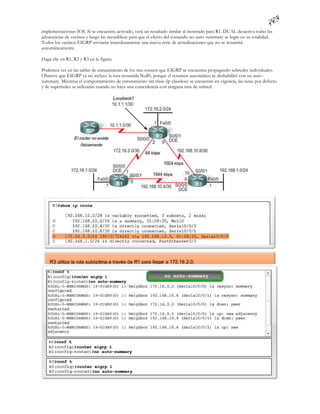 implementaciones IOS. Si se encuentra activado, verá un resultado similar al mostrado para R1. DUAL desactiva todas las
adyacencias de vecinos y luego las reestablece para que el efecto del comando no auto -summary se logre en su totalidad.
Todos los vecinos EIGRP enviarán inmediatamente una nueva serie de actualizaciones que no se resumirá
automáticamente.

Haga clic en R1, R2 y R3 en la figura.

Podemos ver en las tablas de enrutamiento de los tres routers que EIGRP se encuentra propagando subredes individuales.
Observe que EIGRP ya no incluye la ruta resumida Null0, porque el resumen automático se deshabilitó con no auto -
summary. Mientras el comportamiento de enrutamiento sin clase (ip classless) se encuentre en vigencia, las rutas por defecto
y de superredes se utilizarán cuando no haya una coincidencia con ninguna ruta de subred.
 