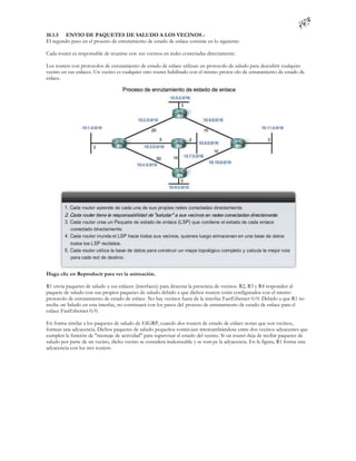 10.1.5 ENVIO DE PAQUETES DE SALUDO A LOS VECINOS.-
El segundo paso en el proceso de enrutamiento de estado de enlace consiste en lo siguiente:

Cada router es responsable de reunirse con sus vecinos en redes conectadas directamente.

Los routers con protocolos de enrutamiento de estado de enlace utilizan un protocolo de saludo para descubrir cualquier
vecino en sus enlaces. Un vecino es cualquier otro router habilitado con el mismo protoc olo de enrutamiento de estado de
enlace.




Haga clic en Reproducir para ver la animación.

R1 envía paquetes de saludo a sus enlaces (interfaces) para detectar la presencia de vecinos. R2, R3 y R4 responden al
paquete de saludo con sus propios paquetes de saludo debido a que dichos routers están configurados con el mismo
protocolo de enrutamiento de estado de enlace. No hay vecinos fuera de la interfaz FastEthernet 0/0. Debido a que R1 no
recibe un Saludo en esta interfaz, no continuará con los pasos del proceso de enrutamiento de estado de enlace para el
enlace FastEthernet 0/0.

En forma similar a los paquetes de saludo de EIGRP, cuando dos routers de estado de enlace notan que son vecinos,
forman una adyacencia. Dichos paquetes de saludo pequeños contin úan intercambiándose entre dos vecinos adyacentes que
cumplen la función de "mensaje de actividad" para supervisar el estado del vecino. Si un router deja de recibir paquetes de
saludo por parte de un vecino, dicho vecino se considera inalcanzable y se rom pe la adyacencia. En la figura, R1 forma una
adyacencia con los tres routers.
 