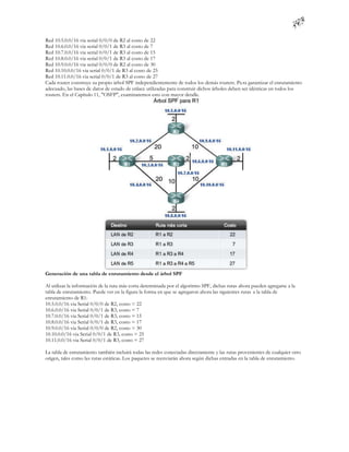 Red 10.5.0.0/16 via serial 0/0/0 de R2 al costo de 22
Red 10.6.0.0/16 via serial 0/0/1 de R3 al costo de 7
Red 10.7.0.0/16 via serial 0/0/1 de R3 al costo de 15
Red 10.8.0.0/16 via serial 0/0/1 de R3 al costo de 17
Red 10.9.0.0/16 via serial 0/0/0 de R2 al costo de 30
Red 10.10.0.0/16 via serial 0/0/1 de R3 al costo de 25
Red 10.11.0.0/16 via serial 0/0/1 de R3 al costo de 27
Cada router construye su propio árbol SPF independientemente de todos los demás routers. Pa ra garantizar el enrutamiento
adecuado, las bases de datos de estado de enlace utilizadas para construir dichos árboles deben ser idénticas en todos los
routers. En el Capítulo 11, "OSFP", examinaremos esto con mayor detalle.




Generación de una tabla de enrutamiento desde el árbol SPF

Al utilizar la información de la ruta más corta determinada por el algoritmo SPF, dichas rutas ahora pueden agregarse a la
tabla de enrutamiento. Puede ver en la figura la forma en que se agregaron ahora las siguientes rutas a la tabla de
enrutamiento de R1:
10.5.0.0/16 via Serial 0/0/0 de R2, costo = 22
10.6.0.0/16 via Serial 0/0/1 de R3, costo = 7
10.7.0.0/16 via Serial 0/0/1 de R3, costo = 15
10.8.0.0/16 via Serial 0/0/1 de R3, costo = 17
10.9.0.0/16 via Serial 0/0/0 de R2, costo = 30
10.10.0.0/16 via Serial 0/0/1 de R3, costo = 25
10.11.0.0/16 via Serial 0/0/1 de R3, costo = 27

La tabla de enrutamiento también incluirá todas las redes conectadas directamente y las rutas provenientes de cualquier otro
origen, tales como las rutas estáticas. Los paquetes se reenviarán ahora según dichas entradas en la tabla de enrutamiento.
 