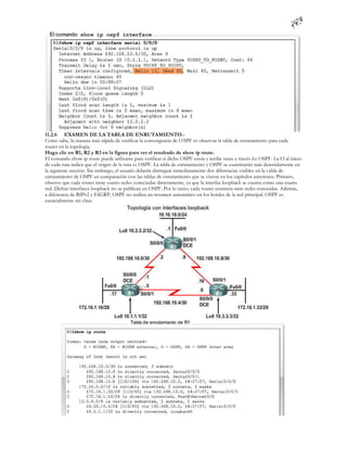 11.2.6 EXAMEN DE LA TABLA DE ENRUTAMIENTO.-
Como sabe, la manera más rápida de verificar la convergencia de O SPF es observar la tabla de enrutamiento para cada
router en la topología.
Haga clic en R1, R2 y R3 en la figura para ver el resultado de show ip route.
El comando show ip route puede utilizarse para verificar si dicho OSPF envía y recibe rutas a través d e OSPF. La O al inicio
de cada ruta indica que el origen de la ruta es OSPF. La tabla de enrutamiento y OSPF se examinarán más detenidamente en
la siguiente sección. Sin embargo, el usuario debería distinguir inmediatamente dos diferencias visibles en la t abla de
enrutamiento de OSPF en comparación con las tablas de enrutamiento que se vieron en los capítulos anteriores. Primero,
observe que cada router tiene cuatro redes conectadas directamente, ya que la interfaz loopback se cuenta como una cuarta
red. Dichas interfaces loopback no se publican en OSPF. Por lo tanto, cada router enumera siete redes conocidas. Además,
a diferencia de RIPv2 y EIGRP, OSPF no realiza un resumen automático en los bordes de la red principal. OSPF es
esencialmente sin clase.
 
