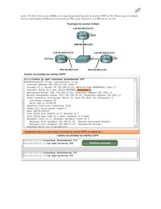 router 192.168.31.22) es aún el BDR, con la segunda prioridad más alta de interfaz OSPF de 100. Observe que el resultado
show ip ospf neighbor del RouterA no muestra un DR, ya que el RouterA es el DR real en esta red.
 