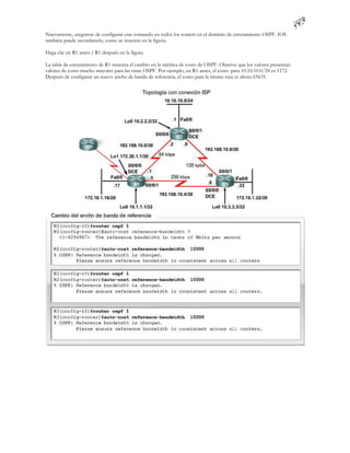 Nuevamente, asegúrese de configurar este comando en todos los routers en el dominio de enrutamiento OSPF. IOS
también puede recordárselo, como se muestra en la figura.

Haga clic en R1 antes y R1 después en la figura.

La tabla de enrutamiento de R1 muestra el cambio en la métrica de costo de OSPF. Observe que los valores presentan
valores de costo mucho mayores para las rutas OSPF. Por ejemplo, en R1 antes, el costo para 10.10.10.0/24 es 1172.
Después de configurar un nuevo ancho de banda de referencia, el costo para la misma ruta es ahora 65635.
 