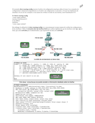 El comando show running-config muestra el archivo de configuración actual que utiliza el router. Los comandos de
configuración se almacenan temporalmente en el archivo de configuración en ejecución y el router los implementa de
inmediato. El uso de este comando es otra manera de verificar el estado de una interfaz, como FastEthernet 0/0.

R1#show running-config
<some output omitted>
interface FastEthernet0/0
no ip address
shutdown
<some output omitted>

Sin embargo, la utilización de show running-config no es necesariamente la mejor manera de verificar las configuraciones
de las interfaces. Utilice el comando show ip interface brief para verificar rápidamente que las interfaces estén up y up (es
decir, que estén activadas por el administrador y que el protocolo de línea esté activado).
 