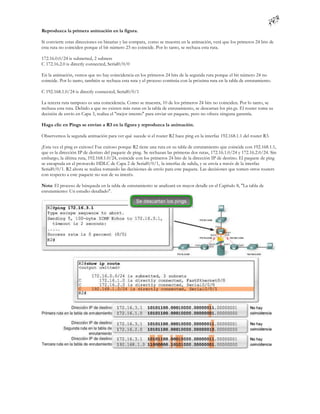 Reproduzca la primera animación en la figura.

Si convierte estas direcciones en binarias y las compara, como se muestra en la animación, verá que los primeros 24 bits de
esta ruta no coinciden porque el bit número 23 no coincide. Por lo tanto, se rechaza esta ruta.

172.16.0.0/24 is subnetted, 2 subnets
C 172.16.2.0 is directly connected, Serial0/0/0

En la animación, vemos que no hay coincidencia en los primeros 24 bits de la segunda ruta porque el bit número 24 no
coincide. Por lo tanto, también se rechaza esta ruta y el proceso continúa con la próxima ruta en la tabla de enrutamiento.

C 192.168.1.0/24 is directly connected, Serial0/0/1

La tercera ruta tampoco es una coincidencia. Como se muestra, 10 de los primeros 24 bits no coinciden. Por lo tanto, se
rechaza esta ruta. Debido a que no existen más rutas en la tabla de enrutamiento, se descartan los pin gs. El router toma su
decisión de envío en Capa 3, realiza el "mejor intento" para enviar un paquete, pero no ofrece ninguna garantía.

Haga clic en Pings se envían a R3 en la figura y reproduzca la animación.

Observemos la segunda animación para ver qué sucede si el router R2 hace ping en la interfaz 192.168.1.1 del router R3.

¡Esta vez el ping es exitoso! Fue exitoso porque R2 tiene una ruta en su tabla de enrutamiento que coincide con 192.168.1.1,
que es la dirección IP de destino del paquete de ping. Se rechazan las primeras dos rutas, 172.16.1.0/24 y 172.16.2.0/24. Sin
embargo, la última ruta, 192.168.1.0/24, coincide con los primeros 24 bits de la dirección IP de destino. El paquete de ping
se encapsula en el protocolo HDLC de Capa 2 de Serial0/0/1, la interfaz de salida, y se envía a través de la interfaz
Serial0/0/1. R2 ahora se realiza tomando las decisiones de envío para este paquete. Las decisiones que tomen otros routers
con respecto a este paquete no son de su interés.

Nota: El proceso de búsqueda en la tabla de enrutamiento se analizará en mayor detalle en el Capítulo 8, "La tabla de
enrutamiento: Un estudio detallado".
 
