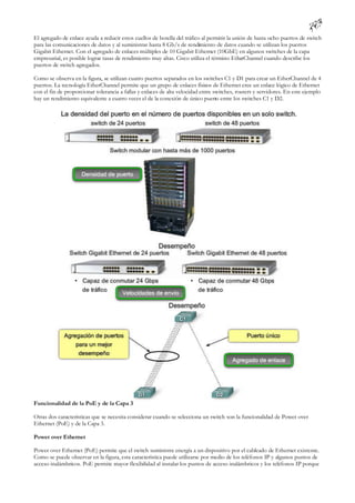 El agregado de enlace ayuda a reducir estos cuellos de botella del tráfico al permitir la unión de hasta ocho puertos de switch
para las comunicaciones de datos y al suministrar hasta 8 Gb/s de rendimiento de datos cuando se utilizan los puertos
Gigabit Ethernet. Con el agregado de enlaces múltiples de 10 Gigabit Ethernet (10GbE) en algunos switches de la capa
empresarial, es posible lograr tasas de rendimiento muy altas. Cisco utiliza el término EtherChannel cuando describe los
puertos de switch agregados.

Como se observa en la figura, se utilizan cuatro puertos separados en los switches C1 y D1 para crear un EtherChannel de 4
puertos. La tecnología EtherChannel permite que un grupo de enlaces físicos de Ethernet cree un enlace lógico de Ethernet
con el fin de proporcionar tolerancia a fallas y enlaces de alta velocidad entre switches, routers y servidores. En este ejemplo
hay un rendimiento equivalente a cuatro veces el de la conexión de único puerto entre los switches C1 y D2.




Funcionalidad de la PoE y de la Capa 3

Otras dos características que se necesita considerar cuando se selecciona un switch son la funcionalidad de Power over
Ethernet (PoE) y de la Capa 3.

Power over Ethernet

Power over Ethernet (PoE) permite que el switch suministre energía a un dispositivo por el cableado de Ethernet existente.
Como se puede observar en la figura, esta característica puede utilizarse por medio de los teléfonos IP y algunos puntos de
acceso inalámbricos. PoE permite mayor flexibilidad al instalar los puntos de acceso inalámbricos y los teléfonos IP porque
 