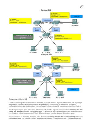 Configurar y verificar el BID

Cuando un switch específico se transforma en puente raíz, el valor de prioridad de puente debe ajustarse para asegurar que
sea menor que los valores de prioridad de puente de todos los otros switches de la red. Existen dos métodos de
configuración distintos que pueden utilizarse para configurar el valor de prioridad de puente en un switch Cisco Catalyst.

Método 1: para asegurar que el switch posea el menor valor de prioridad de puente, utilice el comando spanning-tree vlan
vlan-id root primary en modo de configuración global. La prioridad del switch se establece en el valor predefinido 24 576
o en el siguiente valor de incremento de 4096 por debajo de la menor prioridad de puente detectada en la red.

Si desea contar con un puente raíz alternativo, utilice el comando spanning-tree vlan vlan-id root secondary en modo de
configuración global. Este comando establece la prioridad para el switch al valor preferido 28 672. Esto asegura que este
 