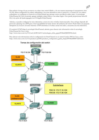 Para reducir el riesgo de que acontezca un enlace inter switch fallado, y de esta manera interrumpa el enrutamiento inter
VLAN, deben configurarse los enlaces redundantes y las rutas alternativas entre el switch S1 y el switch S2. Los enlaces
redundantes se configuran en forma de un EtherChannel que protege contra una falla de enlace único. La tecnología
EtherChannel de Cisco le permite agregar múltiples enlaces físicos a un enlace lógico. Esto puede proporcionar hasta 80
Gb/s de ancho de banda agregado con 10 Gigabit EtherChannel.

Además, se pueden configurar las rutas alternativas a través de otros switches interconectados. Este enfoque depende del
protocolo spanning tree (STP) para evitar la posibilidad de bucles dentro del ambiente del switch. Puede haber una pequeña
disrupción en el acceso al router mientras el STP determina si el enlace actual está caído y encuentra una ruta alternativa.

El currículo CCNP dirige la tecnología EtherChannel; además, para obtener más información sobre la tecnología
EtherChannel de Cisco, visite:
http://www.cisco.com/en/US/tech/tk389/tk213/technologies_white_paper09186a0080092944.shtml.

Para obtener más información sobre la configuración de EtherChannel en un switch Catalyst 2960 de Cisco, visite:
http://www.cisco.com/en/US/products/ps6406/products_configuration_guide_chapter09186a00808752d9.html.
 