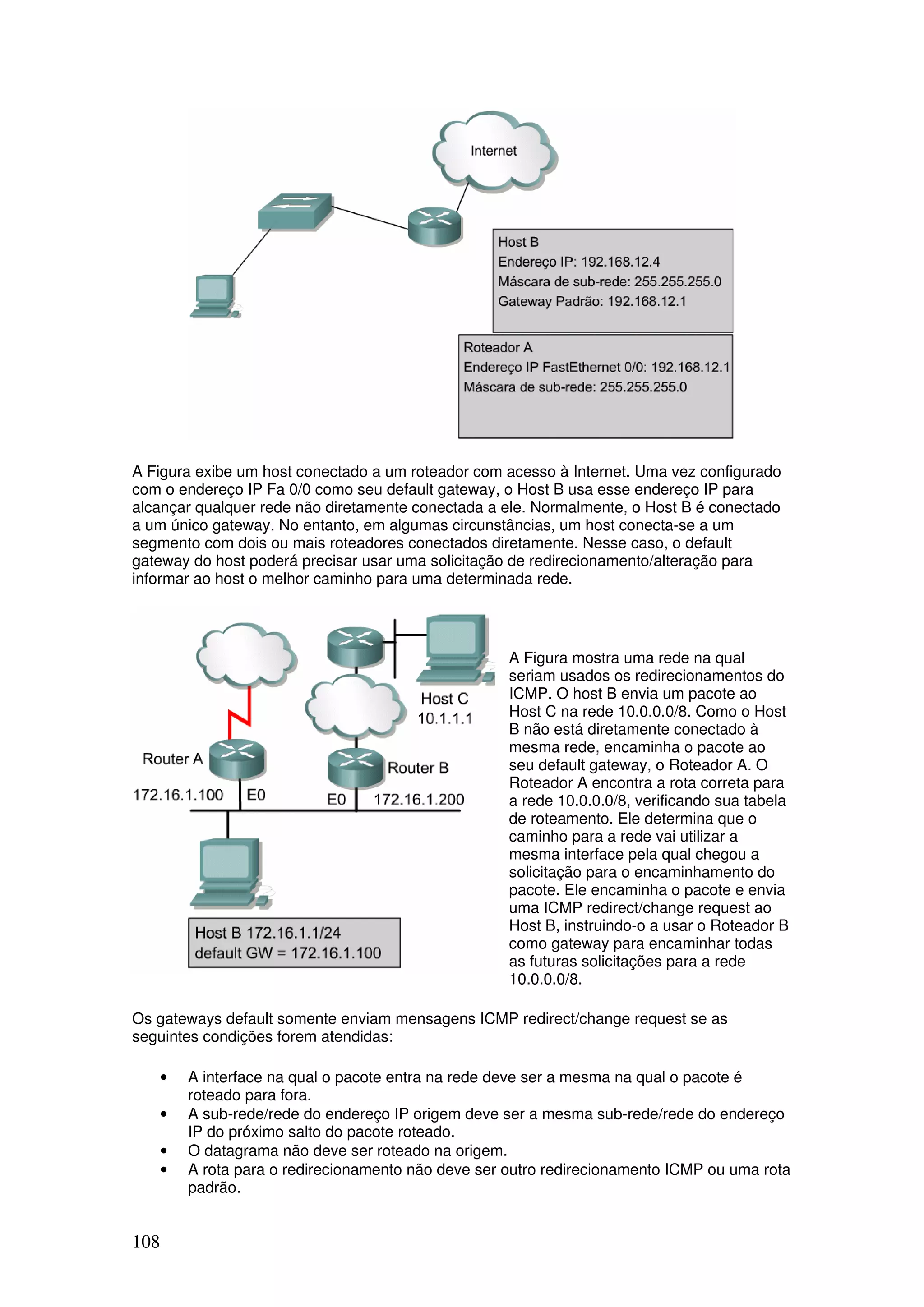108
A Figura exibe um host conectado a um roteador com acesso à Internet. Uma vez configurado
com o endereço IP Fa 0/0 como seu default gateway, o Host B usa esse endereço IP para
alcançar qualquer rede não diretamente conectada a ele. Normalmente, o Host B é conectado
a um único gateway. No entanto, em algumas circunstâncias, um host conecta-se a um
segmento com dois ou mais roteadores conectados diretamente. Nesse caso, o default
gateway do host poderá precisar usar uma solicitação de redirecionamento/alteração para
informar ao host o melhor caminho para uma determinada rede.
A Figura mostra uma rede na qual
seriam usados os redirecionamentos do
ICMP. O host B envia um pacote ao
Host C na rede 10.0.0.0/8. Como o Host
B não está diretamente conectado à
mesma rede, encaminha o pacote ao
seu default gateway, o Roteador A. O
Roteador A encontra a rota correta para
a rede 10.0.0.0/8, verificando sua tabela
de roteamento. Ele determina que o
caminho para a rede vai utilizar a
mesma interface pela qual chegou a
solicitação para o encaminhamento do
pacote. Ele encaminha o pacote e envia
uma ICMP redirect/change request ao
Host B, instruindo-o a usar o Roteador B
como gateway para encaminhar todas
as futuras solicitações para a rede
10.0.0.0/8.
Os gateways default somente enviam mensagens ICMP redirect/change request se as
seguintes condições forem atendidas:
• A interface na qual o pacote entra na rede deve ser a mesma na qual o pacote é
roteado para fora.
• A sub-rede/rede do endereço IP origem deve ser a mesma sub-rede/rede do endereço
IP do próximo salto do pacote roteado.
• O datagrama não deve ser roteado na origem.
• A rota para o redirecionamento não deve ser outro redirecionamento ICMP ou uma rota
padrão.
 