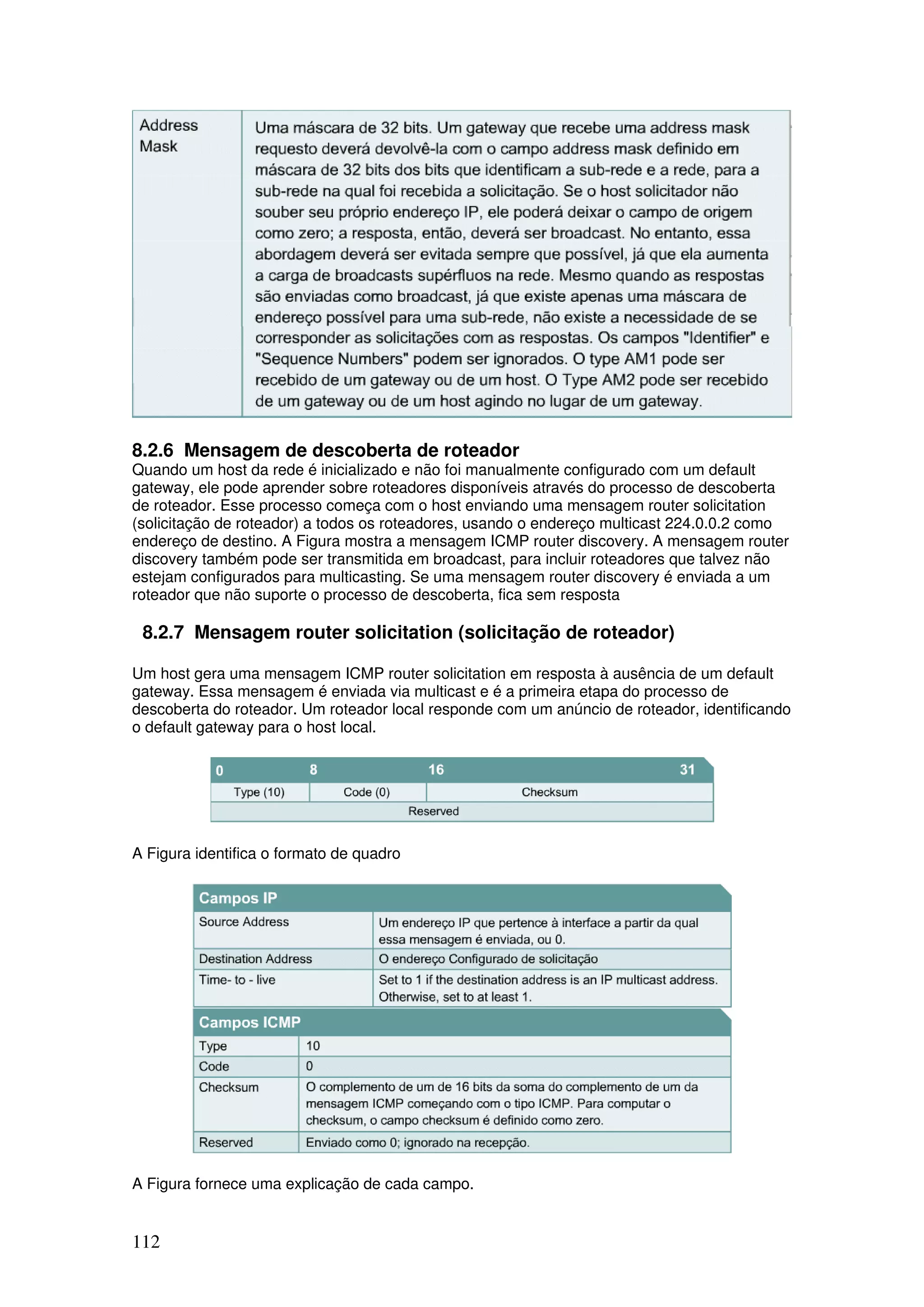 112
8.2.6 Mensagem de descoberta de roteador
Quando um host da rede é inicializado e não foi manualmente configurado com um default
gateway, ele pode aprender sobre roteadores disponíveis através do processo de descoberta
de roteador. Esse processo começa com o host enviando uma mensagem router solicitation
(solicitação de roteador) a todos os roteadores, usando o endereço multicast 224.0.0.2 como
endereço de destino. A Figura mostra a mensagem ICMP router discovery. A mensagem router
discovery também pode ser transmitida em broadcast, para incluir roteadores que talvez não
estejam configurados para multicasting. Se uma mensagem router discovery é enviada a um
roteador que não suporte o processo de descoberta, fica sem resposta
8.2.7 Mensagem router solicitation (solicitação de roteador)
Um host gera uma mensagem ICMP router solicitation em resposta à ausência de um default
gateway. Essa mensagem é enviada via multicast e é a primeira etapa do processo de
descoberta do roteador. Um roteador local responde com um anúncio de roteador, identificando
o default gateway para o host local.
A Figura identifica o formato de quadro
A Figura fornece uma explicação de cada campo.
 