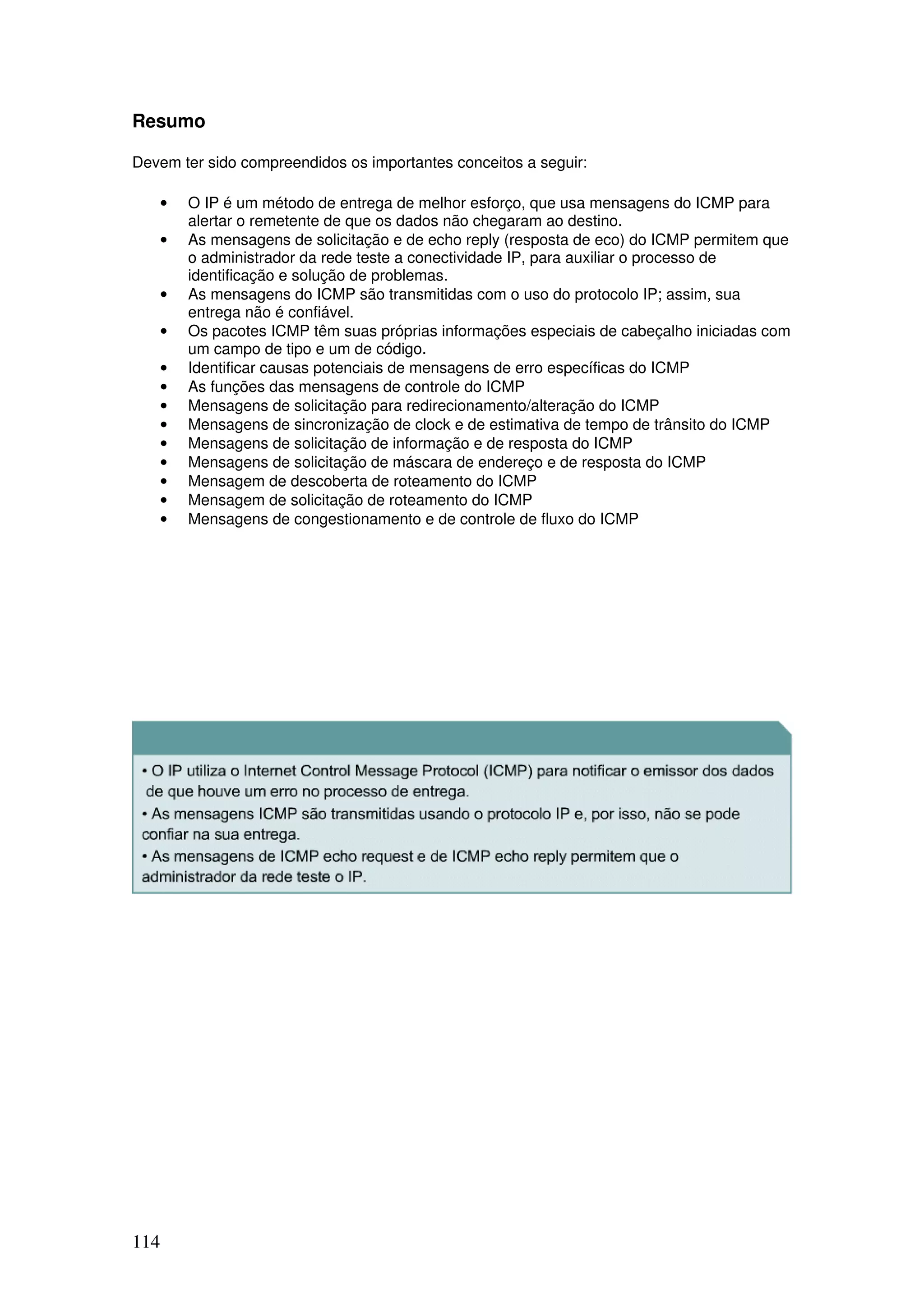 114
Resumo
Devem ter sido compreendidos os importantes conceitos a seguir:
• O IP é um método de entrega de melhor esforço, que usa mensagens do ICMP para
alertar o remetente de que os dados não chegaram ao destino.
• As mensagens de solicitação e de echo reply (resposta de eco) do ICMP permitem que
o administrador da rede teste a conectividade IP, para auxiliar o processo de
identificação e solução de problemas.
• As mensagens do ICMP são transmitidas com o uso do protocolo IP; assim, sua
entrega não é confiável.
• Os pacotes ICMP têm suas próprias informações especiais de cabeçalho iniciadas com
um campo de tipo e um de código.
• Identificar causas potenciais de mensagens de erro específicas do ICMP
• As funções das mensagens de controle do ICMP
• Mensagens de solicitação para redirecionamento/alteração do ICMP
• Mensagens de sincronização de clock e de estimativa de tempo de trânsito do ICMP
• Mensagens de solicitação de informação e de resposta do ICMP
• Mensagens de solicitação de máscara de endereço e de resposta do ICMP
• Mensagem de descoberta de roteamento do ICMP
• Mensagem de solicitação de roteamento do ICMP
• Mensagens de congestionamento e de controle de fluxo do ICMP
 