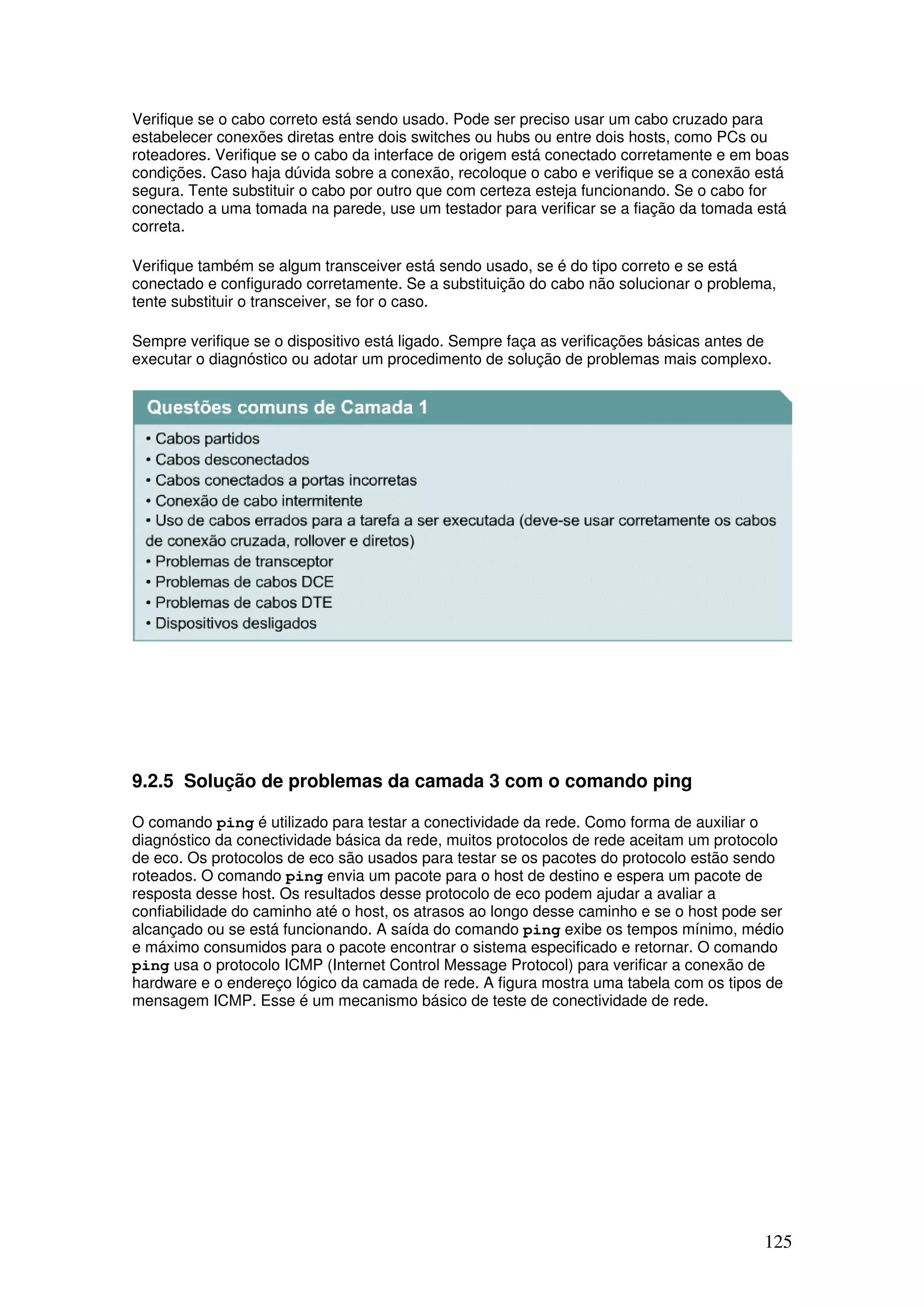 125
Verifique se o cabo correto está sendo usado. Pode ser preciso usar um cabo cruzado para
estabelecer conexões diretas entre dois switches ou hubs ou entre dois hosts, como PCs ou
roteadores. Verifique se o cabo da interface de origem está conectado corretamente e em boas
condições. Caso haja dúvida sobre a conexão, recoloque o cabo e verifique se a conexão está
segura. Tente substituir o cabo por outro que com certeza esteja funcionando. Se o cabo for
conectado a uma tomada na parede, use um testador para verificar se a fiação da tomada está
correta.
Verifique também se algum transceiver está sendo usado, se é do tipo correto e se está
conectado e configurado corretamente. Se a substituição do cabo não solucionar o problema,
tente substituir o transceiver, se for o caso.
Sempre verifique se o dispositivo está ligado. Sempre faça as verificações básicas antes de
executar o diagnóstico ou adotar um procedimento de solução de problemas mais complexo.
9.2.5 Solução de problemas da camada 3 com o comando ping
O comando ping é utilizado para testar a conectividade da rede. Como forma de auxiliar o
diagnóstico da conectividade básica da rede, muitos protocolos de rede aceitam um protocolo
de eco. Os protocolos de eco são usados para testar se os pacotes do protocolo estão sendo
roteados. O comando ping envia um pacote para o host de destino e espera um pacote de
resposta desse host. Os resultados desse protocolo de eco podem ajudar a avaliar a
confiabilidade do caminho até o host, os atrasos ao longo desse caminho e se o host pode ser
alcançado ou se está funcionando. A saída do comando ping exibe os tempos mínimo, médio
e máximo consumidos para o pacote encontrar o sistema especificado e retornar. O comando
ping usa o protocolo ICMP (Internet Control Message Protocol) para verificar a conexão de
hardware e o endereço lógico da camada de rede. A figura mostra uma tabela com os tipos de
mensagem ICMP. Esse é um mecanismo básico de teste de conectividade de rede.
 