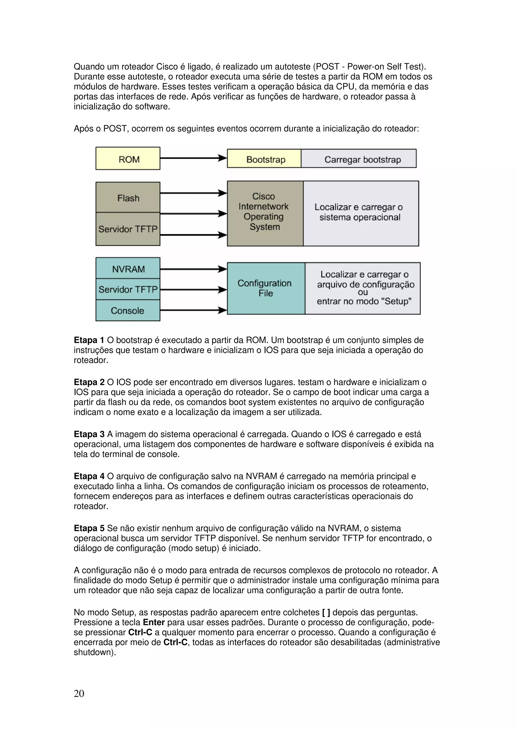 20
Quando um roteador Cisco é ligado, é realizado um autoteste (POST - Power-on Self Test).
Durante esse autoteste, o roteador executa uma série de testes a partir da ROM em todos os
módulos de hardware. Esses testes verificam a operação básica da CPU, da memória e das
portas das interfaces de rede. Após verificar as funções de hardware, o roteador passa à
inicialização do software.
Após o POST, ocorrem os seguintes eventos ocorrem durante a inicialização do roteador:
Etapa 1 O bootstrap é executado a partir da ROM. Um bootstrap é um conjunto simples de
instruções que testam o hardware e inicializam o IOS para que seja iniciada a operação do
roteador.
Etapa 2 O IOS pode ser encontrado em diversos lugares. testam o hardware e inicializam o
IOS para que seja iniciada a operação do roteador. Se o campo de boot indicar uma carga a
partir da flash ou da rede, os comandos boot system existentes no arquivo de configuração
indicam o nome exato e a localização da imagem a ser utilizada.
Etapa 3 A imagem do sistema operacional é carregada. Quando o IOS é carregado e está
operacional, uma listagem dos componentes de hardware e software disponíveis é exibida na
tela do terminal de console.
Etapa 4 O arquivo de configuração salvo na NVRAM é carregado na memória principal e
executado linha a linha. Os comandos de configuração iniciam os processos de roteamento,
fornecem endereços para as interfaces e definem outras características operacionais do
roteador.
Etapa 5 Se não existir nenhum arquivo de configuração válido na NVRAM, o sistema
operacional busca um servidor TFTP disponível. Se nenhum servidor TFTP for encontrado, o
diálogo de configuração (modo setup) é iniciado.
A configuração não é o modo para entrada de recursos complexos de protocolo no roteador. A
finalidade do modo Setup é permitir que o administrador instale uma configuração mínima para
um roteador que não seja capaz de localizar uma configuração a partir de outra fonte.
No modo Setup, as respostas padrão aparecem entre colchetes [ ] depois das perguntas.
Pressione a tecla Enter para usar esses padrões. Durante o processo de configuração, pode-
se pressionar Ctrl-C a qualquer momento para encerrar o processo. Quando a configuração é
encerrada por meio de Ctrl-C, todas as interfaces do roteador são desabilitadas (administrative
shutdown).
 