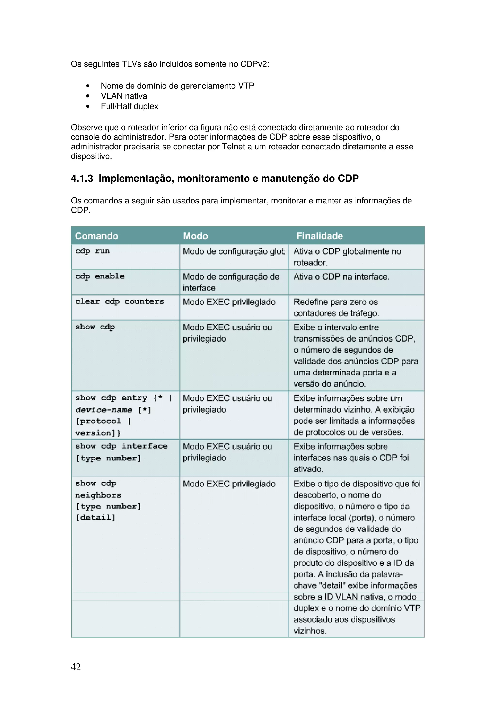 42
Os seguintes TLVs são incluídos somente no CDPv2:
• Nome de domínio de gerenciamento VTP
• VLAN nativa
• Full/Half duplex
Observe que o roteador inferior da figura não está conectado diretamente ao roteador do
console do administrador. Para obter informações de CDP sobre esse dispositivo, o
administrador precisaria se conectar por Telnet a um roteador conectado diretamente a esse
dispositivo.
4.1.3 Implementação, monitoramento e manutenção do CDP
Os comandos a seguir são usados para implementar, monitorar e manter as informações de
CDP.
 