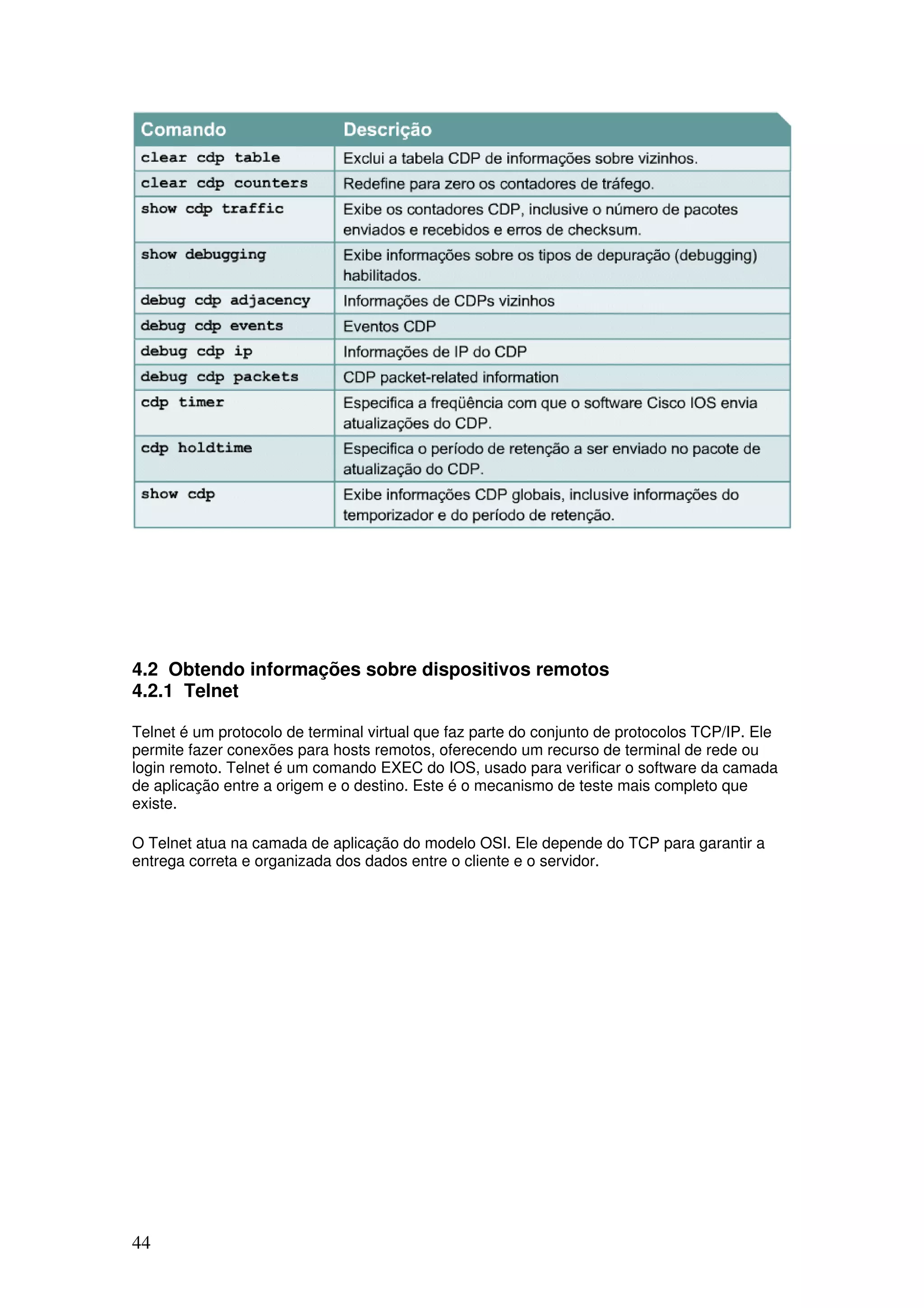 44
4.2 Obtendo informações sobre dispositivos remotos
4.2.1 Telnet
Telnet é um protocolo de terminal virtual que faz parte do conjunto de protocolos TCP/IP. Ele
permite fazer conexões para hosts remotos, oferecendo um recurso de terminal de rede ou
login remoto. Telnet é um comando EXEC do IOS, usado para verificar o software da camada
de aplicação entre a origem e o destino. Este é o mecanismo de teste mais completo que
existe.
O Telnet atua na camada de aplicação do modelo OSI. Ele depende do TCP para garantir a
entrega correta e organizada dos dados entre o cliente e o servidor.
 