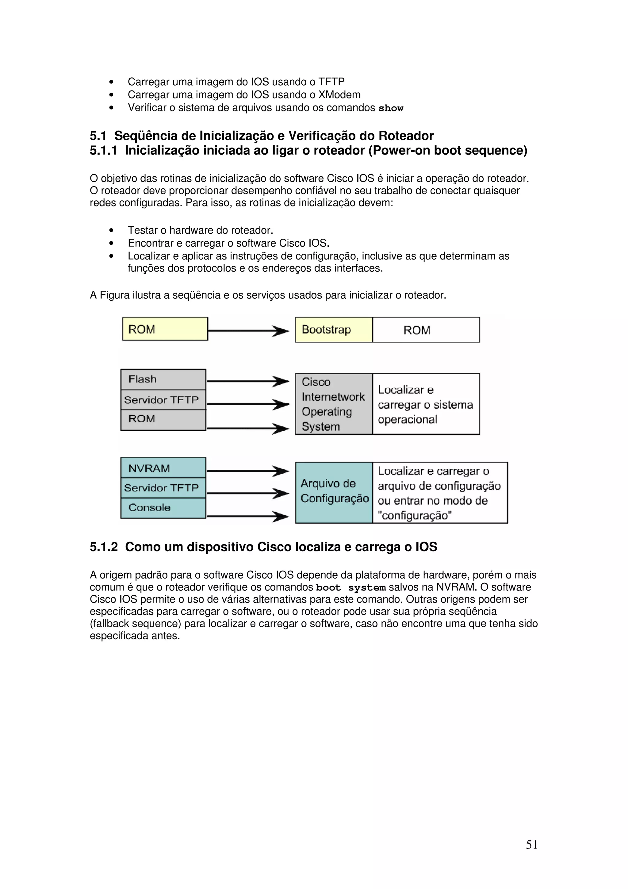 51
• Carregar uma imagem do IOS usando o TFTP
• Carregar uma imagem do IOS usando o XModem
• Verificar o sistema de arquivos usando os comandos show
5.1 Seqüência de Inicialização e Verificação do Roteador
5.1.1 Inicialização iniciada ao ligar o roteador (Power-on boot sequence)
O objetivo das rotinas de inicialização do software Cisco IOS é iniciar a operação do roteador.
O roteador deve proporcionar desempenho confiável no seu trabalho de conectar quaisquer
redes configuradas. Para isso, as rotinas de inicialização devem:
• Testar o hardware do roteador.
• Encontrar e carregar o software Cisco IOS.
• Localizar e aplicar as instruções de configuração, inclusive as que determinam as
funções dos protocolos e os endereços das interfaces.
A Figura ilustra a seqüência e os serviços usados para inicializar o roteador.
5.1.2 Como um dispositivo Cisco localiza e carrega o IOS
A origem padrão para o software Cisco IOS depende da plataforma de hardware, porém o mais
comum é que o roteador verifique os comandos boot system salvos na NVRAM. O software
Cisco IOS permite o uso de várias alternativas para este comando. Outras origens podem ser
especificadas para carregar o software, ou o roteador pode usar sua própria seqüência
(fallback sequence) para localizar e carregar o software, caso não encontre uma que tenha sido
especificada antes.
 