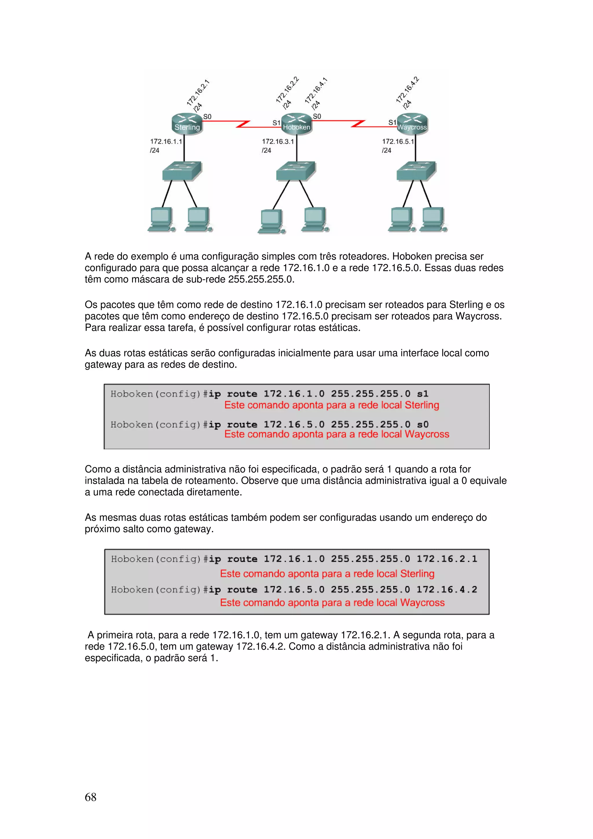 68
A rede do exemplo é uma configuração simples com três roteadores. Hoboken precisa ser
configurado para que possa alcançar a rede 172.16.1.0 e a rede 172.16.5.0. Essas duas redes
têm como máscara de sub-rede 255.255.255.0.
Os pacotes que têm como rede de destino 172.16.1.0 precisam ser roteados para Sterling e os
pacotes que têm como endereço de destino 172.16.5.0 precisam ser roteados para Waycross.
Para realizar essa tarefa, é possível configurar rotas estáticas.
As duas rotas estáticas serão configuradas inicialmente para usar uma interface local como
gateway para as redes de destino.
Como a distância administrativa não foi especificada, o padrão será 1 quando a rota for
instalada na tabela de roteamento. Observe que uma distância administrativa igual a 0 equivale
a uma rede conectada diretamente.
As mesmas duas rotas estáticas também podem ser configuradas usando um endereço do
próximo salto como gateway.
A primeira rota, para a rede 172.16.1.0, tem um gateway 172.16.2.1. A segunda rota, para a
rede 172.16.5.0, tem um gateway 172.16.4.2. Como a distância administrativa não foi
especificada, o padrão será 1.
 