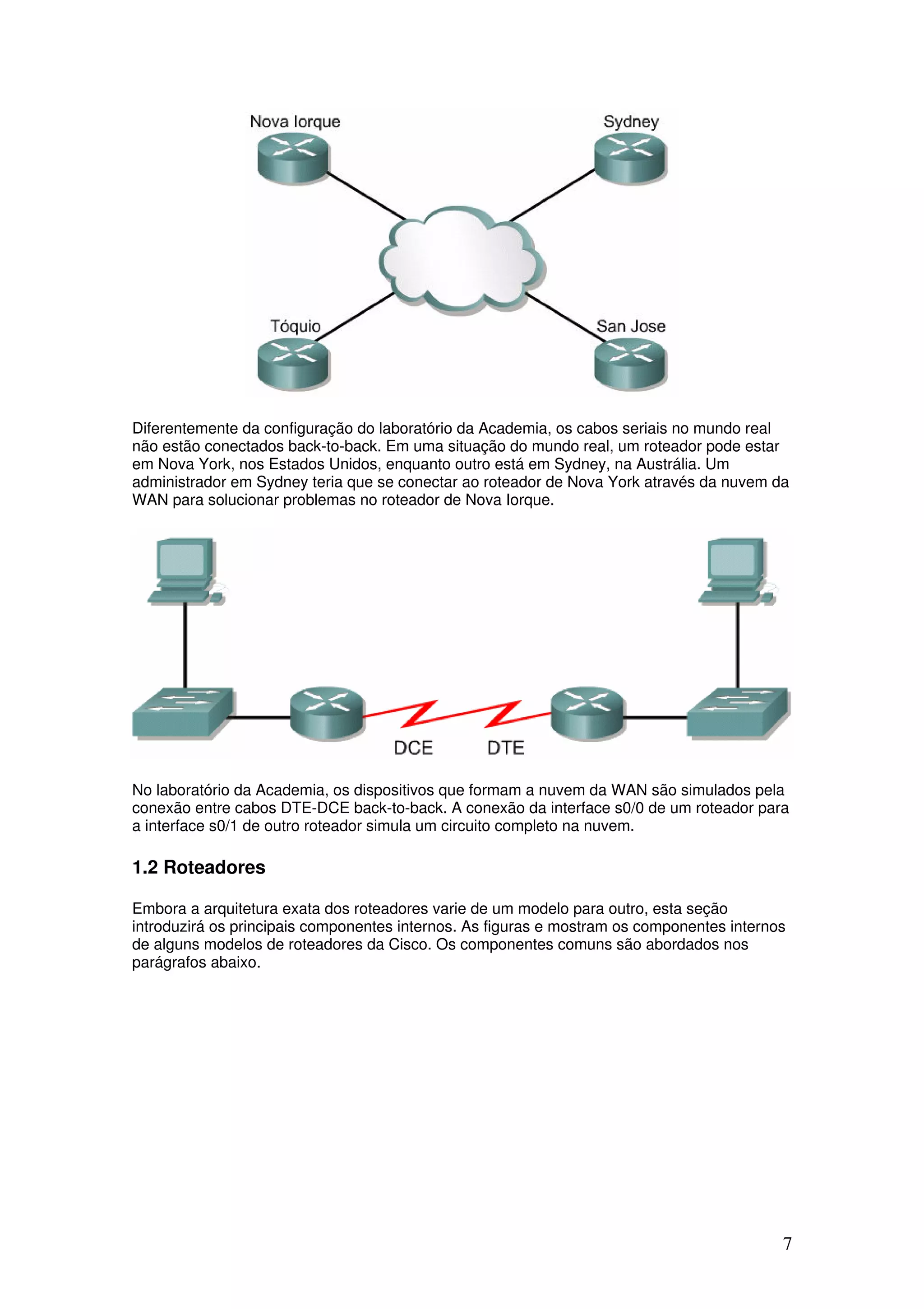7
Diferentemente da configuração do laboratório da Academia, os cabos seriais no mundo real
não estão conectados back-to-back. Em uma situação do mundo real, um roteador pode estar
em Nova York, nos Estados Unidos, enquanto outro está em Sydney, na Austrália. Um
administrador em Sydney teria que se conectar ao roteador de Nova York através da nuvem da
WAN para solucionar problemas no roteador de Nova Iorque.
No laboratório da Academia, os dispositivos que formam a nuvem da WAN são simulados pela
conexão entre cabos DTE-DCE back-to-back. A conexão da interface s0/0 de um roteador para
a interface s0/1 de outro roteador simula um circuito completo na nuvem.
1.2 Roteadores
Embora a arquitetura exata dos roteadores varie de um modelo para outro, esta seção
introduzirá os principais componentes internos. As figuras e mostram os componentes internos
de alguns modelos de roteadores da Cisco. Os componentes comuns são abordados nos
parágrafos abaixo.
 
