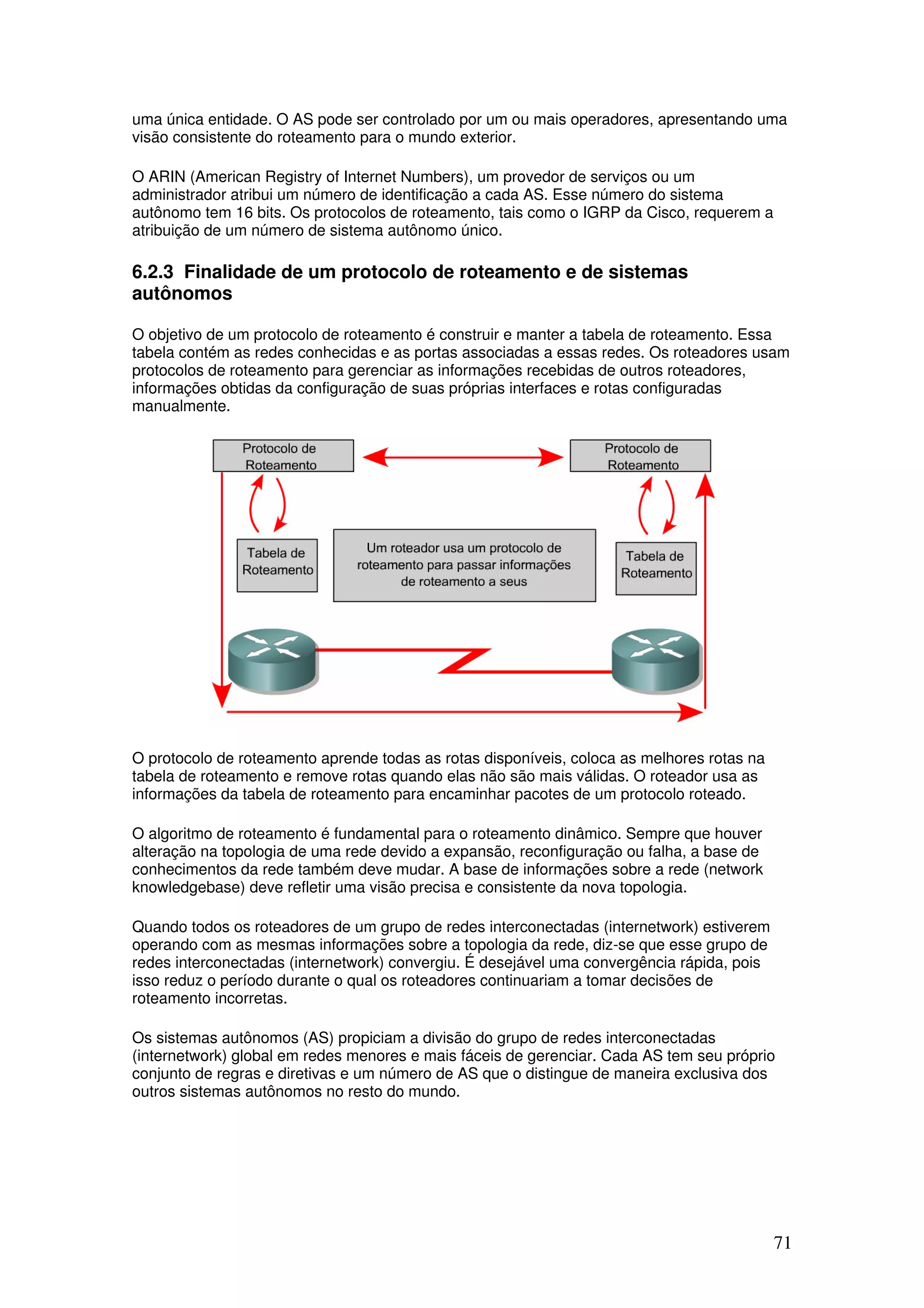 71
uma única entidade. O AS pode ser controlado por um ou mais operadores, apresentando uma
visão consistente do roteamento para o mundo exterior.
O ARIN (American Registry of Internet Numbers), um provedor de serviços ou um
administrador atribui um número de identificação a cada AS. Esse número do sistema
autônomo tem 16 bits. Os protocolos de roteamento, tais como o IGRP da Cisco, requerem a
atribuição de um número de sistema autônomo único.
6.2.3 Finalidade de um protocolo de roteamento e de sistemas
autônomos
O objetivo de um protocolo de roteamento é construir e manter a tabela de roteamento. Essa
tabela contém as redes conhecidas e as portas associadas a essas redes. Os roteadores usam
protocolos de roteamento para gerenciar as informações recebidas de outros roteadores,
informações obtidas da configuração de suas próprias interfaces e rotas configuradas
manualmente.
O protocolo de roteamento aprende todas as rotas disponíveis, coloca as melhores rotas na
tabela de roteamento e remove rotas quando elas não são mais válidas. O roteador usa as
informações da tabela de roteamento para encaminhar pacotes de um protocolo roteado.
O algoritmo de roteamento é fundamental para o roteamento dinâmico. Sempre que houver
alteração na topologia de uma rede devido a expansão, reconfiguração ou falha, a base de
conhecimentos da rede também deve mudar. A base de informações sobre a rede (network
knowledgebase) deve refletir uma visão precisa e consistente da nova topologia.
Quando todos os roteadores de um grupo de redes interconectadas (internetwork) estiverem
operando com as mesmas informações sobre a topologia da rede, diz-se que esse grupo de
redes interconectadas (internetwork) convergiu. É desejável uma convergência rápida, pois
isso reduz o período durante o qual os roteadores continuariam a tomar decisões de
roteamento incorretas.
Os sistemas autônomos (AS) propiciam a divisão do grupo de redes interconectadas
(internetwork) global em redes menores e mais fáceis de gerenciar. Cada AS tem seu próprio
conjunto de regras e diretivas e um número de AS que o distingue de maneira exclusiva dos
outros sistemas autônomos no resto do mundo.
 