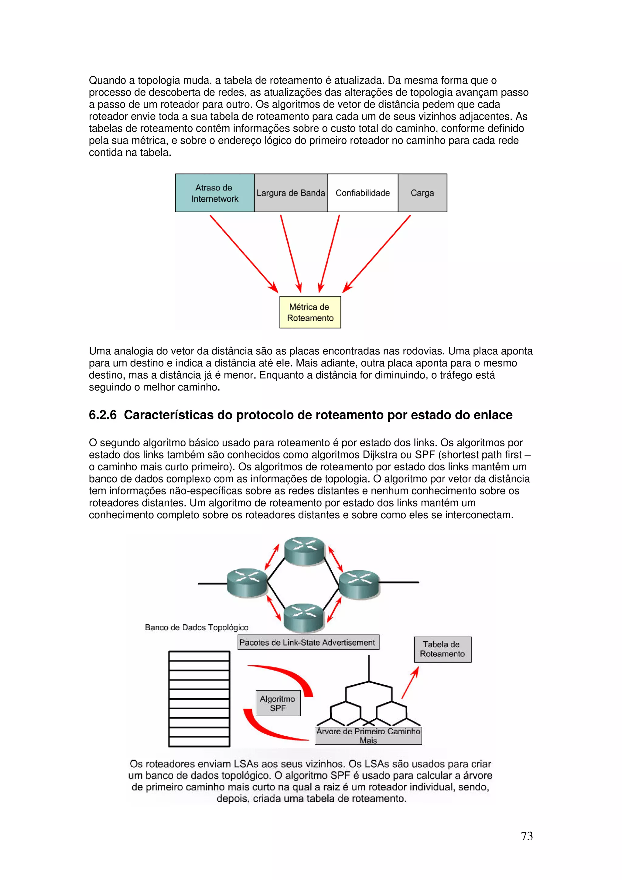 73
Quando a topologia muda, a tabela de roteamento é atualizada. Da mesma forma que o
processo de descoberta de redes, as atualizações das alterações de topologia avançam passo
a passo de um roteador para outro. Os algoritmos de vetor de distância pedem que cada
roteador envie toda a sua tabela de roteamento para cada um de seus vizinhos adjacentes. As
tabelas de roteamento contêm informações sobre o custo total do caminho, conforme definido
pela sua métrica, e sobre o endereço lógico do primeiro roteador no caminho para cada rede
contida na tabela.
Uma analogia do vetor da distância são as placas encontradas nas rodovias. Uma placa aponta
para um destino e indica a distância até ele. Mais adiante, outra placa aponta para o mesmo
destino, mas a distância já é menor. Enquanto a distância for diminuindo, o tráfego está
seguindo o melhor caminho.
6.2.6 Características do protocolo de roteamento por estado do enlace
O segundo algoritmo básico usado para roteamento é por estado dos links. Os algoritmos por
estado dos links também são conhecidos como algoritmos Dijkstra ou SPF (shortest path first –
o caminho mais curto primeiro). Os algoritmos de roteamento por estado dos links mantêm um
banco de dados complexo com as informações de topologia. O algoritmo por vetor da distância
tem informações não-específicas sobre as redes distantes e nenhum conhecimento sobre os
roteadores distantes. Um algoritmo de roteamento por estado dos links mantém um
conhecimento completo sobre os roteadores distantes e sobre como eles se interconectam.
 