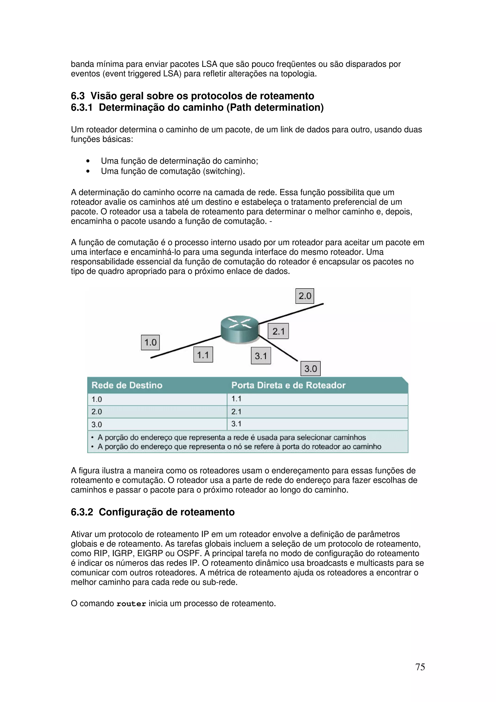75
banda mínima para enviar pacotes LSA que são pouco freqüentes ou são disparados por
eventos (event triggered LSA) para refletir alterações na topologia.
6.3 Visão geral sobre os protocolos de roteamento
6.3.1 Determinação do caminho (Path determination)
Um roteador determina o caminho de um pacote, de um link de dados para outro, usando duas
funções básicas:
• Uma função de determinação do caminho;
• Uma função de comutação (switching).
A determinação do caminho ocorre na camada de rede. Essa função possibilita que um
roteador avalie os caminhos até um destino e estabeleça o tratamento preferencial de um
pacote. O roteador usa a tabela de roteamento para determinar o melhor caminho e, depois,
encaminha o pacote usando a função de comutação. -
A função de comutação é o processo interno usado por um roteador para aceitar um pacote em
uma interface e encaminhá-lo para uma segunda interface do mesmo roteador. Uma
responsabilidade essencial da função de comutação do roteador é encapsular os pacotes no
tipo de quadro apropriado para o próximo enlace de dados.
A figura ilustra a maneira como os roteadores usam o endereçamento para essas funções de
roteamento e comutação. O roteador usa a parte de rede do endereço para fazer escolhas de
caminhos e passar o pacote para o próximo roteador ao longo do caminho.
6.3.2 Configuração de roteamento
Ativar um protocolo de roteamento IP em um roteador envolve a definição de parâmetros
globais e de roteamento. As tarefas globais incluem a seleção de um protocolo de roteamento,
como RIP, IGRP, EIGRP ou OSPF. A principal tarefa no modo de configuração do roteamento
é indicar os números das redes IP. O roteamento dinâmico usa broadcasts e multicasts para se
comunicar com outros roteadores. A métrica de roteamento ajuda os roteadores a encontrar o
melhor caminho para cada rede ou sub-rede.
O comando router inicia um processo de roteamento.
 