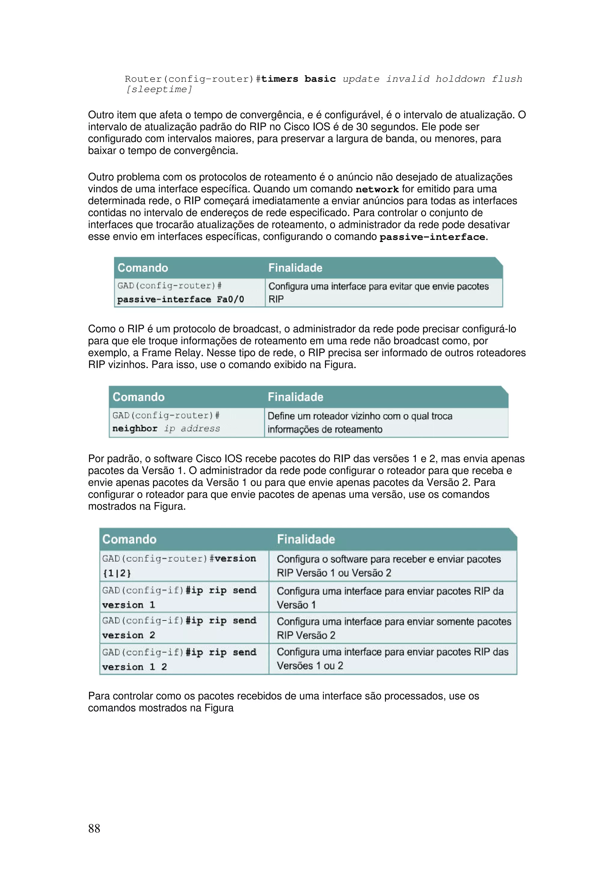 88
Router(config-router)#timers basic update invalid holddown flush
[sleeptime]
Outro item que afeta o tempo de convergência, e é configurável, é o intervalo de atualização. O
intervalo de atualização padrão do RIP no Cisco IOS é de 30 segundos. Ele pode ser
configurado com intervalos maiores, para preservar a largura de banda, ou menores, para
baixar o tempo de convergência.
Outro problema com os protocolos de roteamento é o anúncio não desejado de atualizações
vindos de uma interface específica. Quando um comando network for emitido para uma
determinada rede, o RIP começará imediatamente a enviar anúncios para todas as interfaces
contidas no intervalo de endereços de rede especificado. Para controlar o conjunto de
interfaces que trocarão atualizações de roteamento, o administrador da rede pode desativar
esse envio em interfaces específicas, configurando o comando passive-interface.
Como o RIP é um protocolo de broadcast, o administrador da rede pode precisar configurá-lo
para que ele troque informações de roteamento em uma rede não broadcast como, por
exemplo, a Frame Relay. Nesse tipo de rede, o RIP precisa ser informado de outros roteadores
RIP vizinhos. Para isso, use o comando exibido na Figura.
Por padrão, o software Cisco IOS recebe pacotes do RIP das versões 1 e 2, mas envia apenas
pacotes da Versão 1. O administrador da rede pode configurar o roteador para que receba e
envie apenas pacotes da Versão 1 ou para que envie apenas pacotes da Versão 2. Para
configurar o roteador para que envie pacotes de apenas uma versão, use os comandos
mostrados na Figura.
Para controlar como os pacotes recebidos de uma interface são processados, use os
comandos mostrados na Figura
 