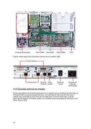 10
A figura mostra alguns dos conectores externos de um roteador 2600.
1.2.3 Conexões externas do roteador
Os três tipos básicos de conexões possíveis em um roteador são as interfaces de rede local, as
interfaces WAN e as portas de gerenciamento. As interfaces de rede local permitem que o
roteador seja conectado ao meio físico de uma rede local. É comum neste caso, o uso de
algum tipo de Ethernet. Entretanto, podem ser utilizadas outras tecnologias de rede local, como
Token Ring ou FDDI.
 