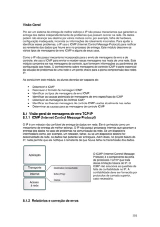 101
Visão Geral
Por ser um sistema de entrega de melhor esforço,o IP não possui mecanismos que garantam a
entrega dos dados independentemente de problemas que possam ocorrer na rede. Os dados
podem não alcançar seu destino por vários motivos como, por exemplo, falha de hardware,
configuração inadequada, incorreta ou informações de roteamento incorretas. Para ajudar a
identificar esses problemas, o IP usa o ICMP (Internet Control Message Protocol) para notificar
ao remetente dos dados que houve erro no processo de entrega. Este módulo descreve os
vários tipos de mensagens de erro ICMP e alguns de seus usos.
Como o IP não possui mecanismo incorporado para o envio de mensagens de erro e de
controle, ele usa o ICMP para enviar e receber essas mensagens nos hosts de uma rede. Este
módulo concentra-se nas mensagens de controle, que fornecem informações ou parâmetros de
configuração aos hosts. O conhecimento sobre mensagens de controle ICMP é parte essencial
da solução de problemas de uma rede e um ponto-chave para a plena compreensão das redes
IP.
Ao concluírem este módulo, os alunos deverão ser capazes de:
• Descrever o ICMP
• Descrever o formato de mensagem ICMP
• Identificar os tipos de mensagens de erro ICMP
• Identificar as causas potenciais de mensagens de erro específicas do ICMP
• Descrever as mensagens de controle ICMP
• Identificar as diversas mensagens de controle ICMP usadas atualmente nas redes
• Determinar as causas para as mensagens de controle ICMP
8.1 Visão geral de mensagens de erro TCP/IP
8.1.1 ICMP (Internet Control Message Protocol)
O IP é um método não confiável de entrega de dados em rede. Ele é conhecido como um
mecanismo de entrega de melhor esforço. O IP não possui processos internos que garantam a
entrega dos dados no caso de problemas na comunicação da rede. Se um dispositivo
intermediário como, por exemplo, um roteador, falhar, ou se um dispositivo destino for
desconectado da rede, os dados não poderão ser entregues. Além disso, no projeto básico do
IP, nada permite que ele notifique o remetente de que houve falha na transmissão dos dados.
O ICMP (Internet Control Message
Protocol) é o componente da pilha
de protocolos TCP/IP que trata
dessa limitação básica do IP. O
ICMP não soluciona as questões de
falta de confiabilidade no IP. A
confiabilidade deve ser fornecida por
protocolos de camada superior,
caso necessário.
8.1.2 Relatórios e correção de erros
 