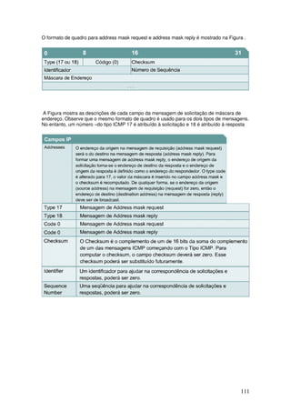 111
O formato de quadro para address mask request e address mask reply é mostrado na Figura .
A Figura mostra as descrições de cada campo da mensagem de solicitação de máscara de
endereço. Observe que o mesmo formato de quadro é usado para os dois tipos de mensagens.
No entanto, um número –do tipo ICMP 17 é atribuído à solicitação e 18 é atribuído à resposta
 