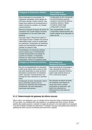 117
9.1.2 Determinação do gateway de último recurso
Não é viável, nem desejável, que um roteador tenha rotas para todos os destinos possíveis.
Em vez disso, os roteadores têm rotas padrão ou um gateway de último recurso. Routas
padrão são usadas quando o roteador é incapaz de associar uma rede destino com qualquer
uma das entradas na tabela de roteamento. O roteador usa essa rota padrão para alcançar o
gateway de último recurso na tentativa de encaminhar o pacote.
 