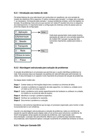 123
9.2.1 Introdução aos testes de rede
Os testes básicos de uma rede devem ser conduzidos em seqüência, de uma camada do
modelo de referência OSI à seguinte. É melhor começar pela camada 1 e chegar até a camada
7, se necessário. Começando pela camada 1, busque problemas simples, como fios ligados na
tomada. Os problemas mais comuns que ocorrem em redes IP resultam de erros no esquema
de endereçamento. É importante testar a configuração de endereço antes de passar para as
próximas etapas de configuração.
Cada teste apresentado nesta seção focaliza
operações de rede em uma camada específica
do modelo OSI. telnet e ping são dois
comandos importantes usados para testar a
rede
9.2.2 Abordagem estruturada para solução de problemas
A solução de problemas é um processo que permite que o usuário identifique problemas na
rede. Este processo deve ser baseado nos padrões de rede definidos pelo administrador de
redes. A documentação é um aspecto muito importante do processo de solução de problemas.
As etapas deste modelo são:
Etapa 1 Coletar todas as informações disponíveis e analisar os sintomas de falha.
Etapa 2 Localizar o problema no segmento de rede específico, no módulo ou unidade como
um todo ou em um único usuário.
Etapa 3 Isolar o problema como sendo especificamente de hardware ou software na unidade,
no módulo ou na conta de rede do usuário.
Etapa 4 Identificar e corrigir o problema específico.
Etapa 5 Verificar se o problema foi resolvido.
Etapa 6 Documentar o problema e a solução.
Entretanto, é de extrema importância que se siga um processo organizado, para manter a rede
funcionando bem e com eficiência.
Usando uma abordagem estruturada para a solução de problemas, todos os membros da
equipe de suporte saberão quais etapas cada um já concluiu para solucionar o problema. Se
forem empregadas várias opções de solução de problemas, sem organização nem
documentação, a solução não será eficiente. Mesmo que o problema seja resolvido nessas
circunstâncias, será impossível aplicar a solução novamente em problemas similares no futuro.
9.2.3 Teste por Camada OSI
 
