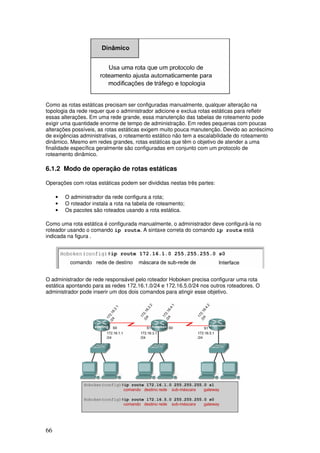 66
Como as rotas estáticas precisam ser configuradas manualmente, qualquer alteração na
topologia da rede requer que o administrador adicione e exclua rotas estáticas para refletir
essas alterações. Em uma rede grande, essa manutenção das tabelas de roteamento pode
exigir uma quantidade enorme de tempo de administração. Em redes pequenas com poucas
alterações possíveis, as rotas estáticas exigem muito pouca manutenção. Devido ao acréscimo
de exigências administrativas, o roteamento estático não tem a escalabilidade do roteamento
dinâmico. Mesmo em redes grandes, rotas estáticas que têm o objetivo de atender a uma
finalidade específica geralmente são configuradas em conjunto com um protocolo de
roteamento dinâmico.
6.1.2 Modo de operação de rotas estáticas
Operações com rotas estáticas podem ser divididas nestas três partes:
• O administrador da rede configura a rota;
• O roteador instala a rota na tabela de roteamento;
• Os pacotes são roteados usando a rota estática.
Como uma rota estática é configurada manualmente, o administrador deve configurá-la no
roteador usando o comando ip route. A sintaxe correta do comando ip route está
indicada na figura .
O administrador de rede responsável pelo roteador Hoboken precisa configurar uma rota
estática apontando para as redes 172.16.1.0/24 e 172.16.5.0/24 nos outros roteadores. O
administrador pode inserir um dos dois comandos para atingir esse objetivo.
 