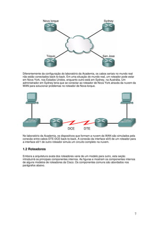 7
Diferentemente da configuração do laboratório da Academia, os cabos seriais no mundo real
não estão conectados back-to-back. Em uma situação do mundo real, um roteador pode estar
em Nova York, nos Estados Unidos, enquanto outro está em Sydney, na Austrália. Um
administrador em Sydney teria que se conectar ao roteador de Nova York através da nuvem da
WAN para solucionar problemas no roteador de Nova Iorque.
No laboratório da Academia, os dispositivos que formam a nuvem da WAN são simulados pela
conexão entre cabos DTE-DCE back-to-back. A conexão da interface s0/0 de um roteador para
a interface s0/1 de outro roteador simula um circuito completo na nuvem.
1.2 Roteadores
Embora a arquitetura exata dos roteadores varie de um modelo para outro, esta seção
introduzirá os principais componentes internos. As figuras e mostram os componentes internos
de alguns modelos de roteadores da Cisco. Os componentes comuns são abordados nos
parágrafos abaixo.
 