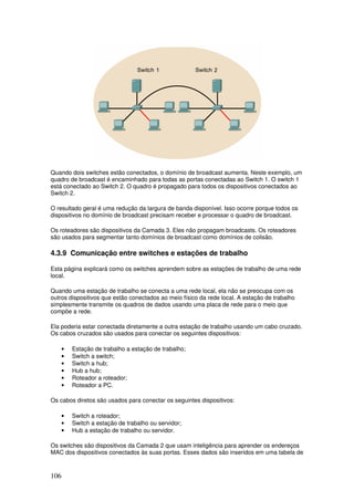 106
Quando dois switches estão conectados, o domínio de broadcast aumenta. Neste exemplo, um
quadro de broadcast é encaminhado para todas as portas conectadas ao Switch 1. O switch 1
está conectado ao Switch 2. O quadro é propagado para todos os dispositivos conectados ao
Switch 2.
O resultado geral é uma redução da largura de banda disponível. Isso ocorre porque todos os
dispositivos no domínio de broadcast precisam receber e processar o quadro de broadcast.
Os roteadores são dispositivos da Camada 3. Eles não propagam broadcasts. Os roteadores
são usados para segmentar tanto domínios de broadcast como domínios de colisão.
4.3.9 Comunicação entre switches e estações de trabalho
Esta página explicará como os switches aprendem sobre as estações de trabalho de uma rede
local.
Quando uma estação de trabalho se conecta a uma rede local, ela não se preocupa com os
outros dispositivos que estão conectados ao meio físico da rede local. A estação de trabalho
simplesmente transmite os quadros de dados usando uma placa de rede para o meio que
compõe a rede.
Ela poderia estar conectada diretamente a outra estação de trabalho usando um cabo cruzado.
Os cabos cruzados são usados para conectar os seguintes dispositivos:
• Estação de trabalho a estação de trabalho;
• Switch a switch;
• Switch a hub;
• Hub a hub;
• Roteador a roteador;
• Roteador a PC.
Os cabos diretos são usados para conectar os seguintes dispositivos:
• Switch a roteador;
• Switch a estação de trabalho ou servidor;
• Hub a estação de trabalho ou servidor.
Os switches são dispositivos da Camada 2 que usam inteligência para aprender os endereços
MAC dos dispositivos conectados às suas portas. Esses dados são inseridos em uma tabela de
 
